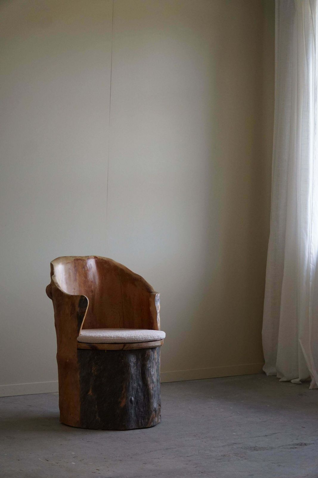 photo for sale Hand Carved Brutalist Stump Chair In Solid Pine, Wabi Sabi Style, Swedish, 1970s