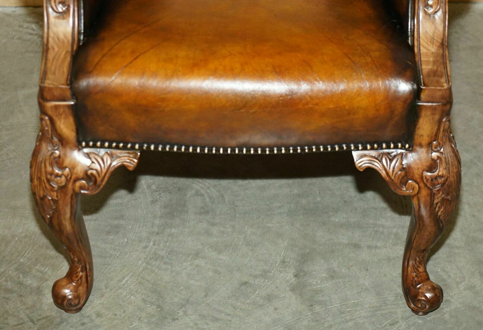 Pair Of Antique Heavily Carved Hand Dyed Brown Leather Restored Throne Armchairs photo vintage