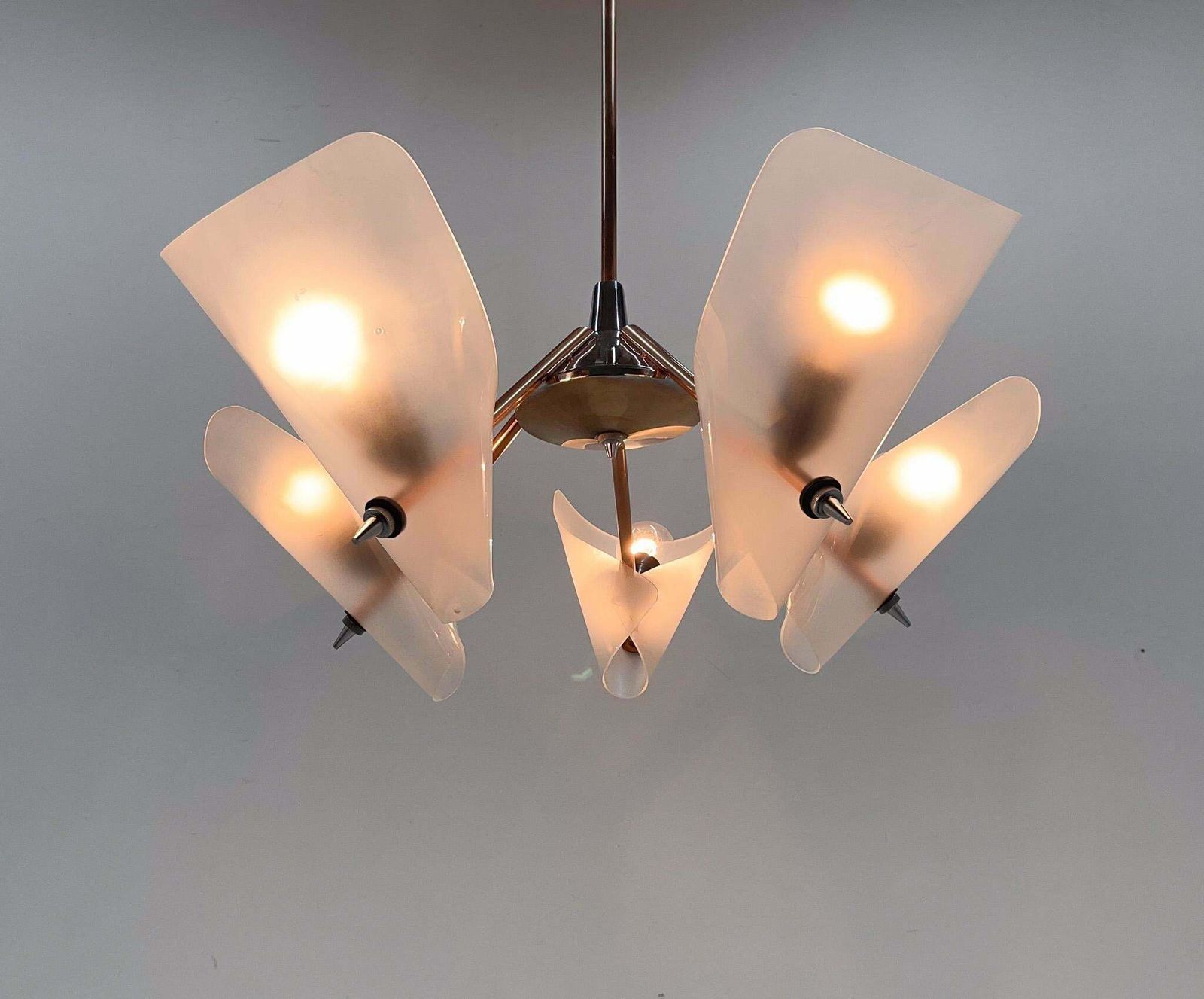 photo for sale Mid Century Chrome, Copper & Plastic Chandelier By Drukov, 1970s / 2 Pieces Avl £566.92
