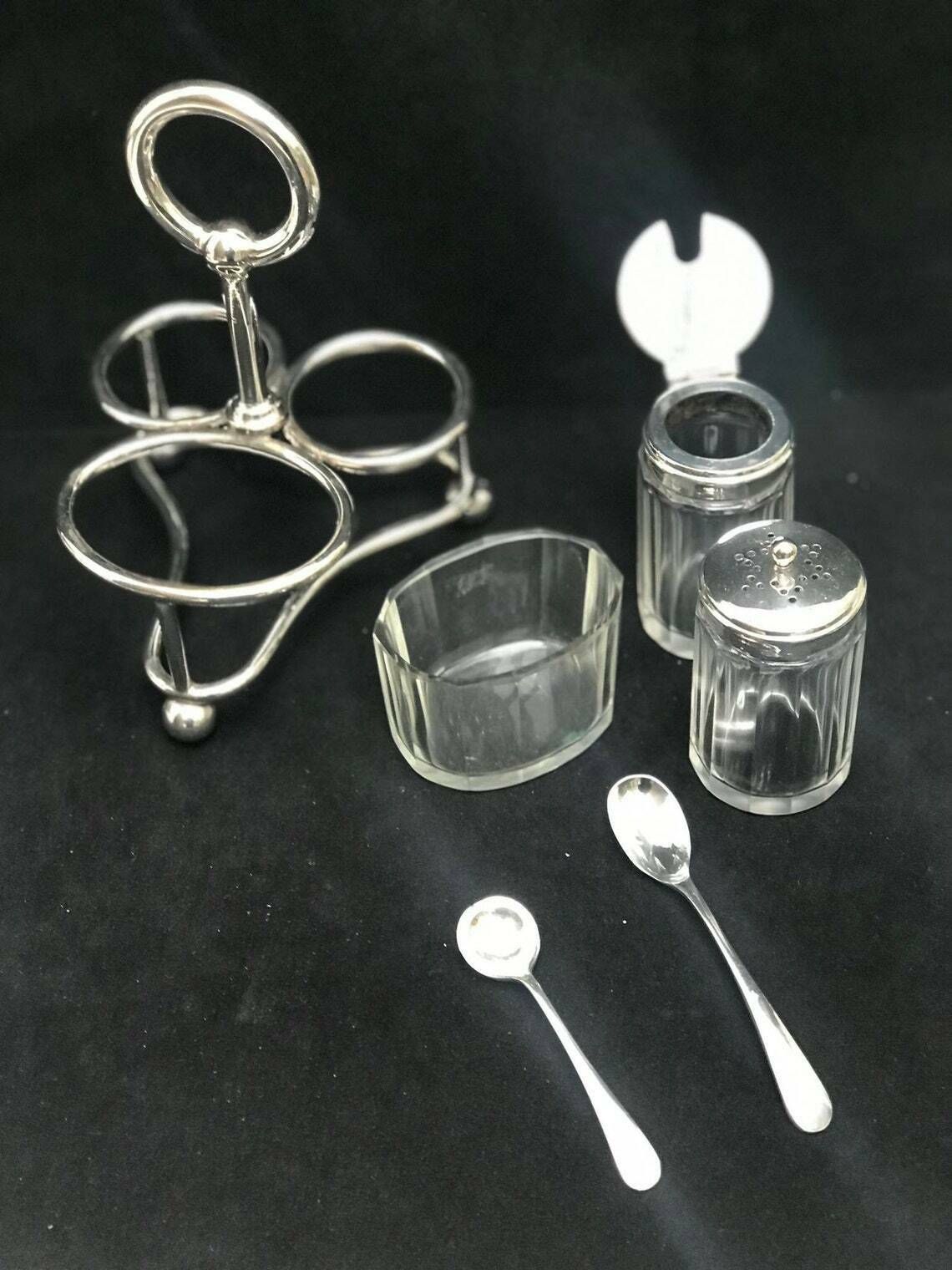Condiment Set Salt Pepper Cellars Mustard Cruet Set Glasses With Tray Gladwin Ltd Silver Plated Wedding Gift photo for sale