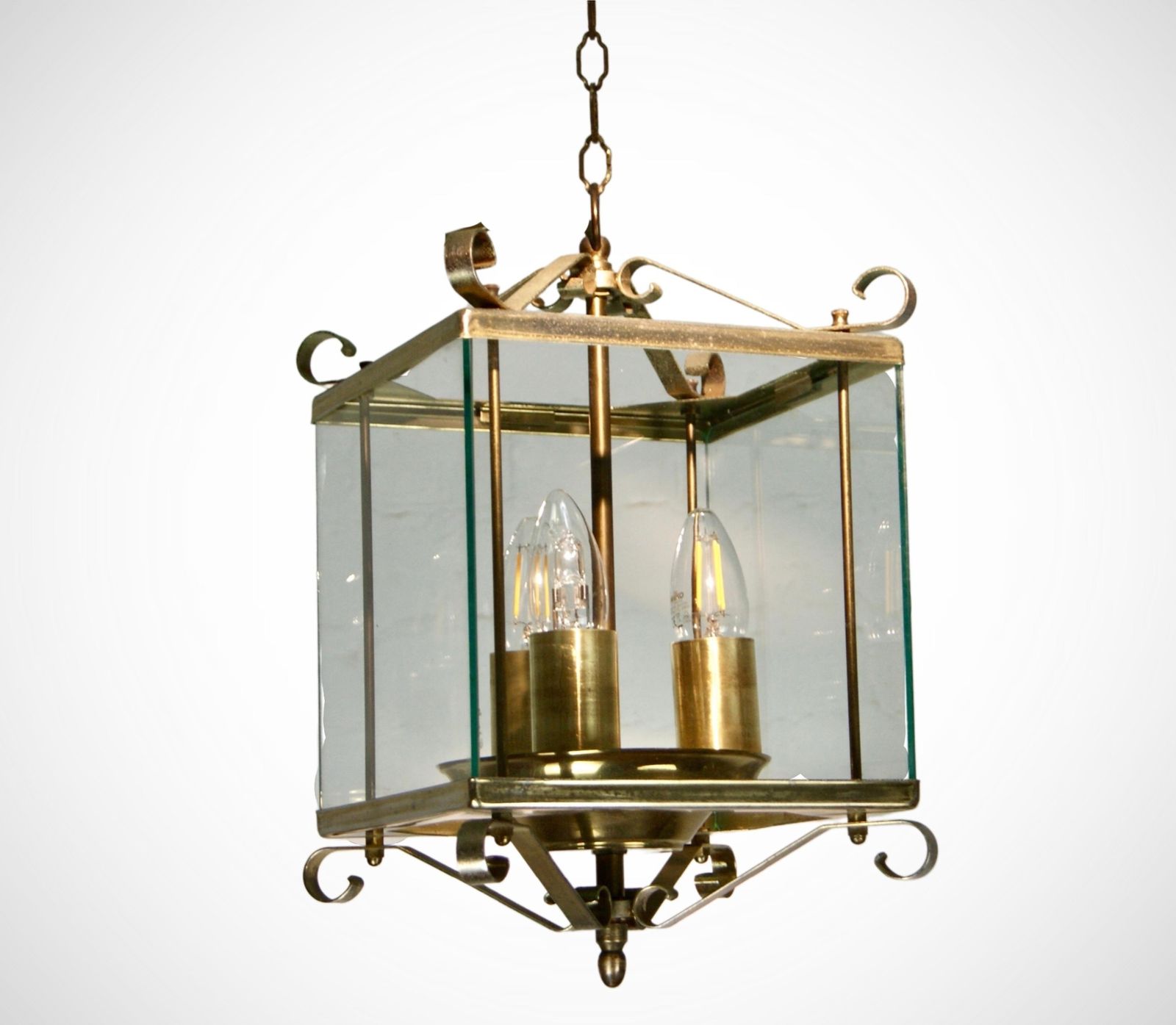 1930s Triple Lights Glazed French Lantern Suspension Pendant Chandelier photo furniture