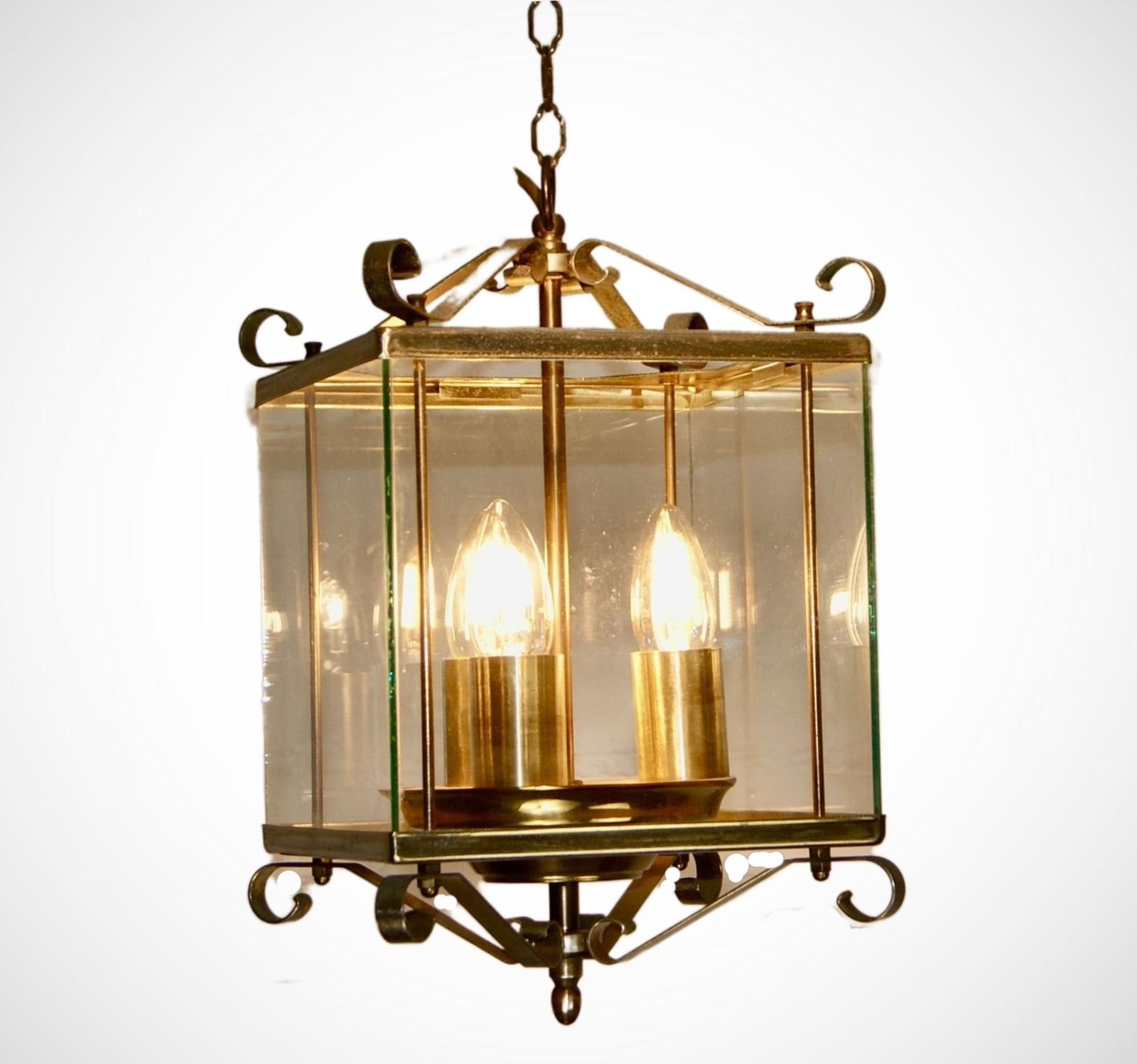 1930s Triple Lights Glazed French Lantern Suspension Pendant Chandelier photo Lighting