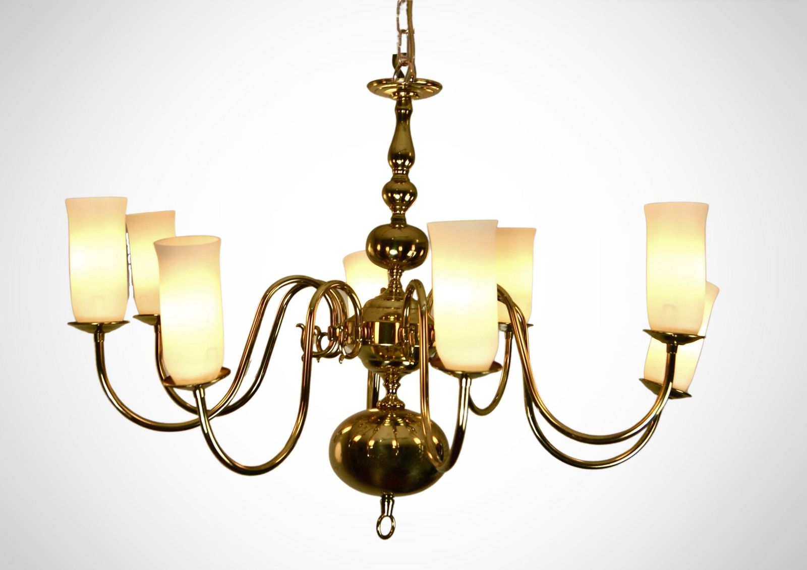 1970s Dutch 8 Arm Brass Chandelier With Glass Shades