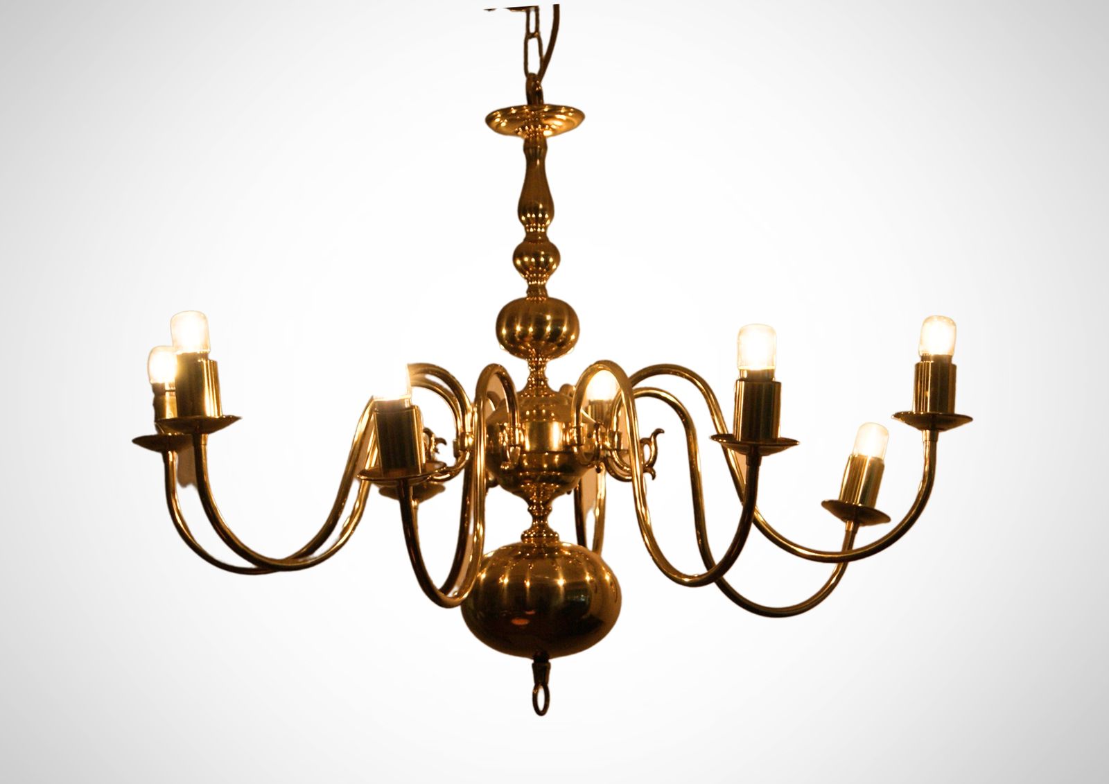 1970s Dutch 8 Arm Brass Chandelier With Glass Shades photo vintage