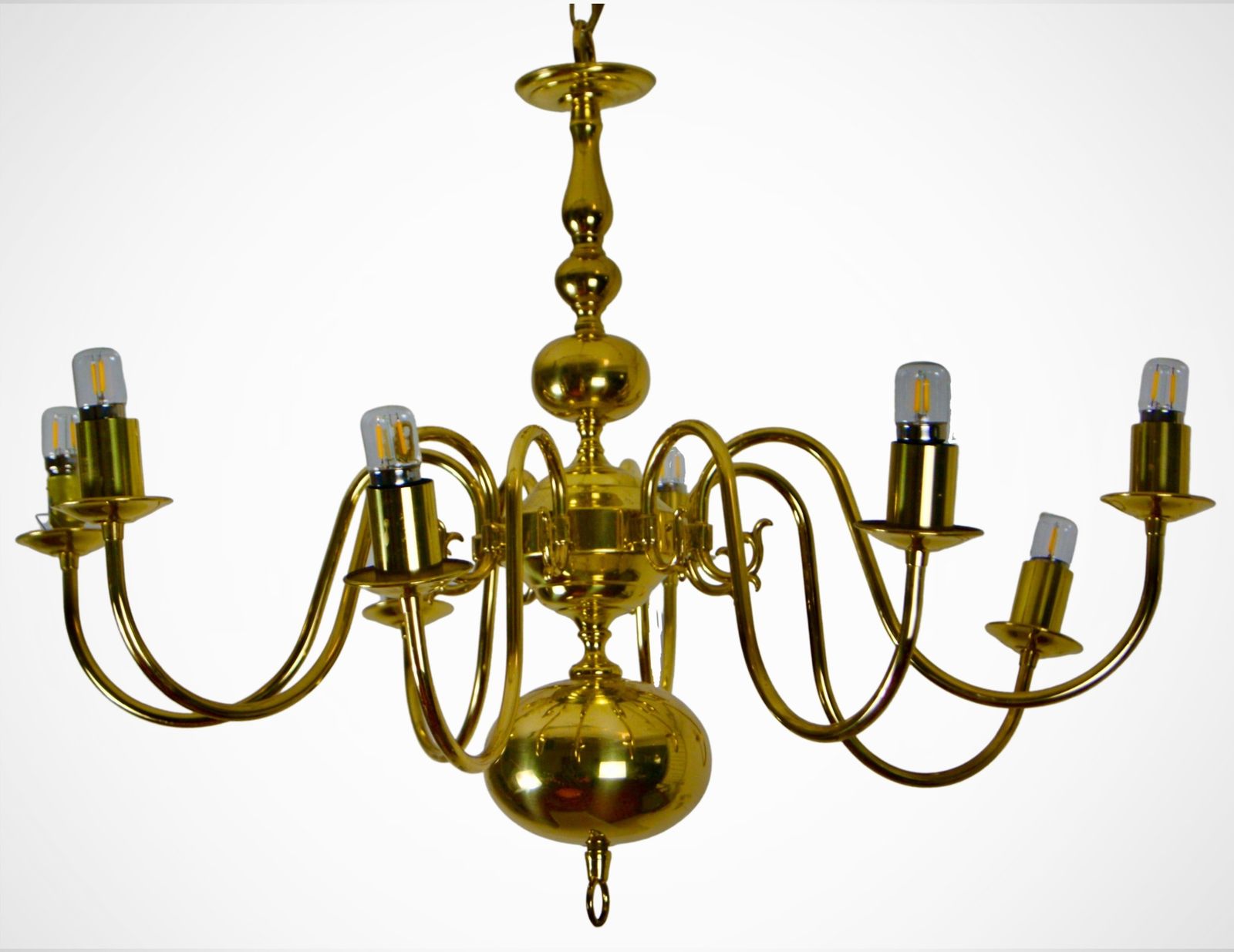 photo furniture 1970s Dutch 8 Arm Brass Chandelier With Glass Shades