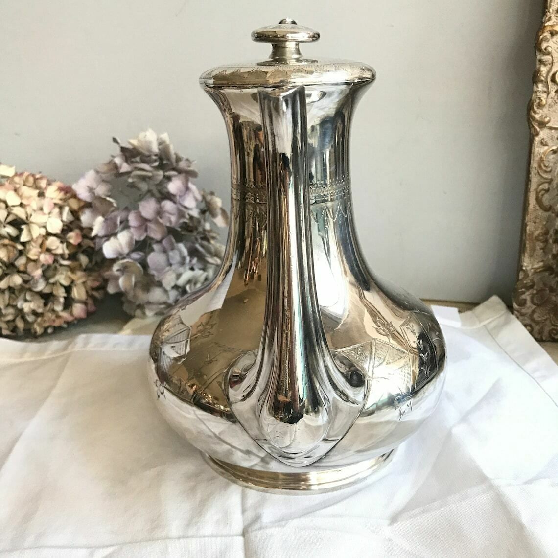 Antique Silver Plated Teapot / Engraved Coffee Pot. 1800's. Downton Abbey. Shabby Chic. photo for sale