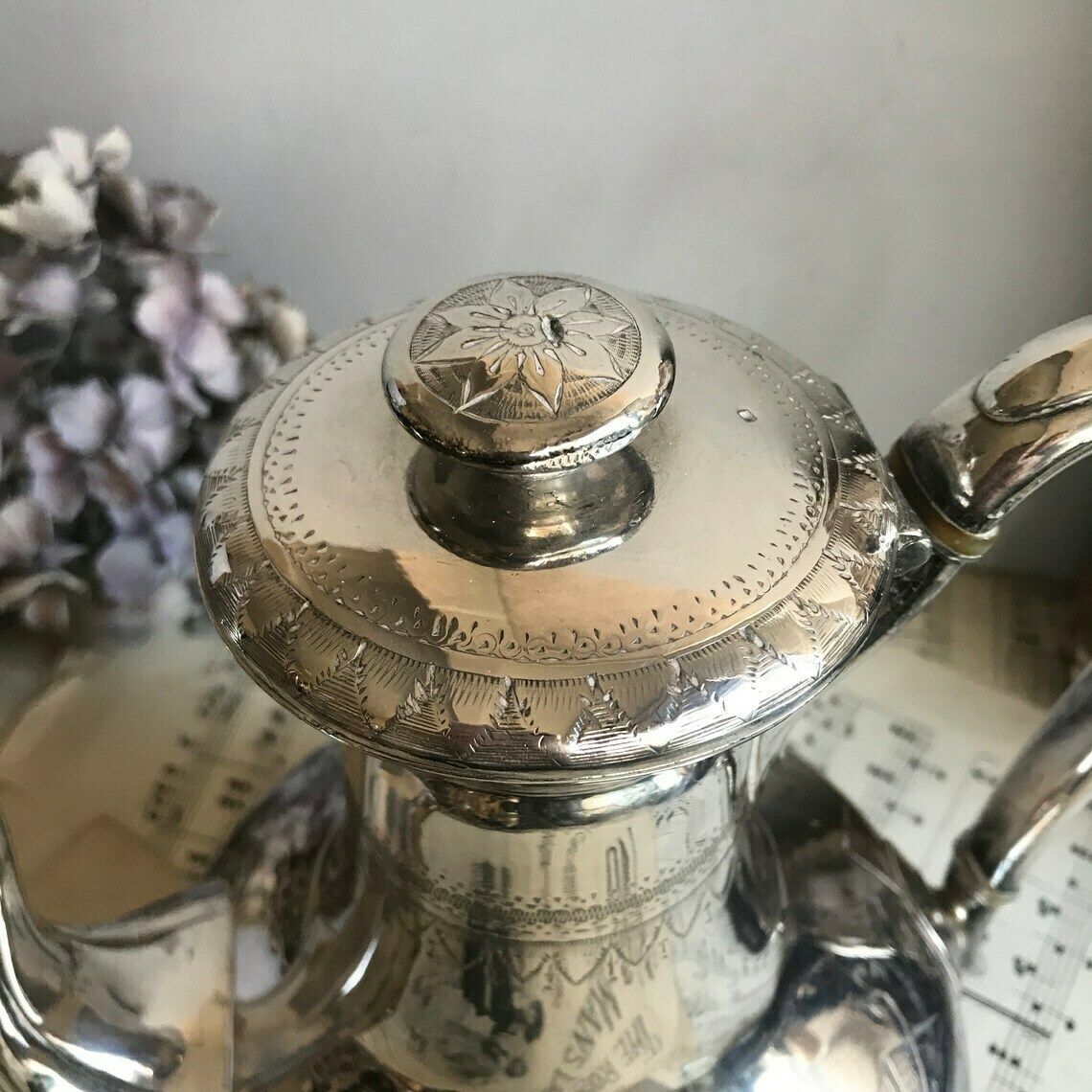 Antique Silver Plated Teapot / Engraved Coffee Pot. 1800's. Downton Abbey. Shabby Chic. photo Home Decor