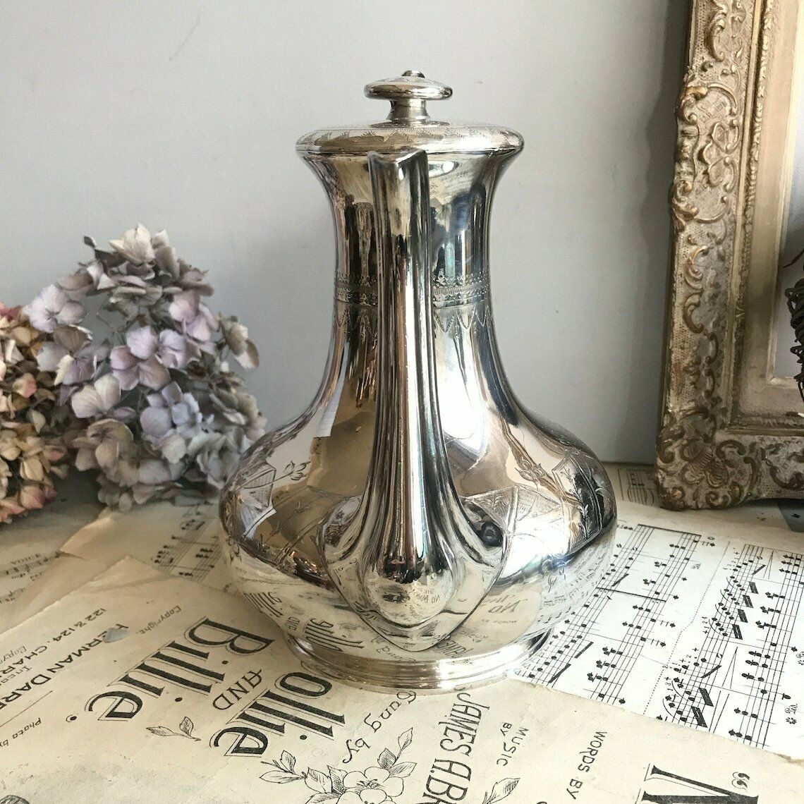 Antique Silver Plated Teapot / Engraved Coffee Pot. 1800's. Downton Abbey. Shabby Chic. photo 52.0