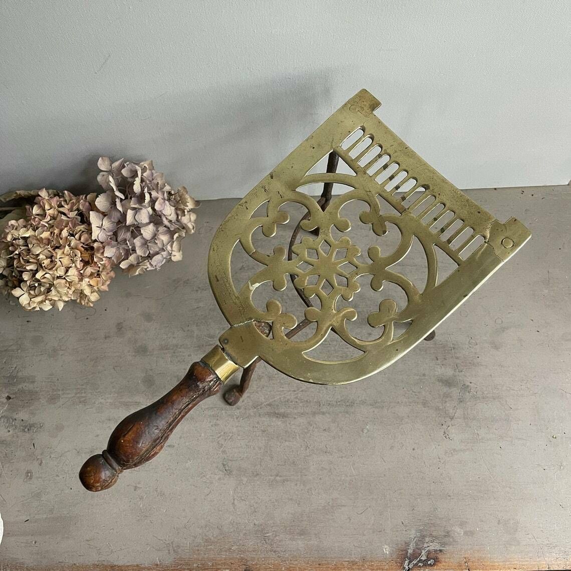 Antique English Brass And Iron Fireside Trivet   Decorative Plant Stand   19th Century   Farm House Kitchen