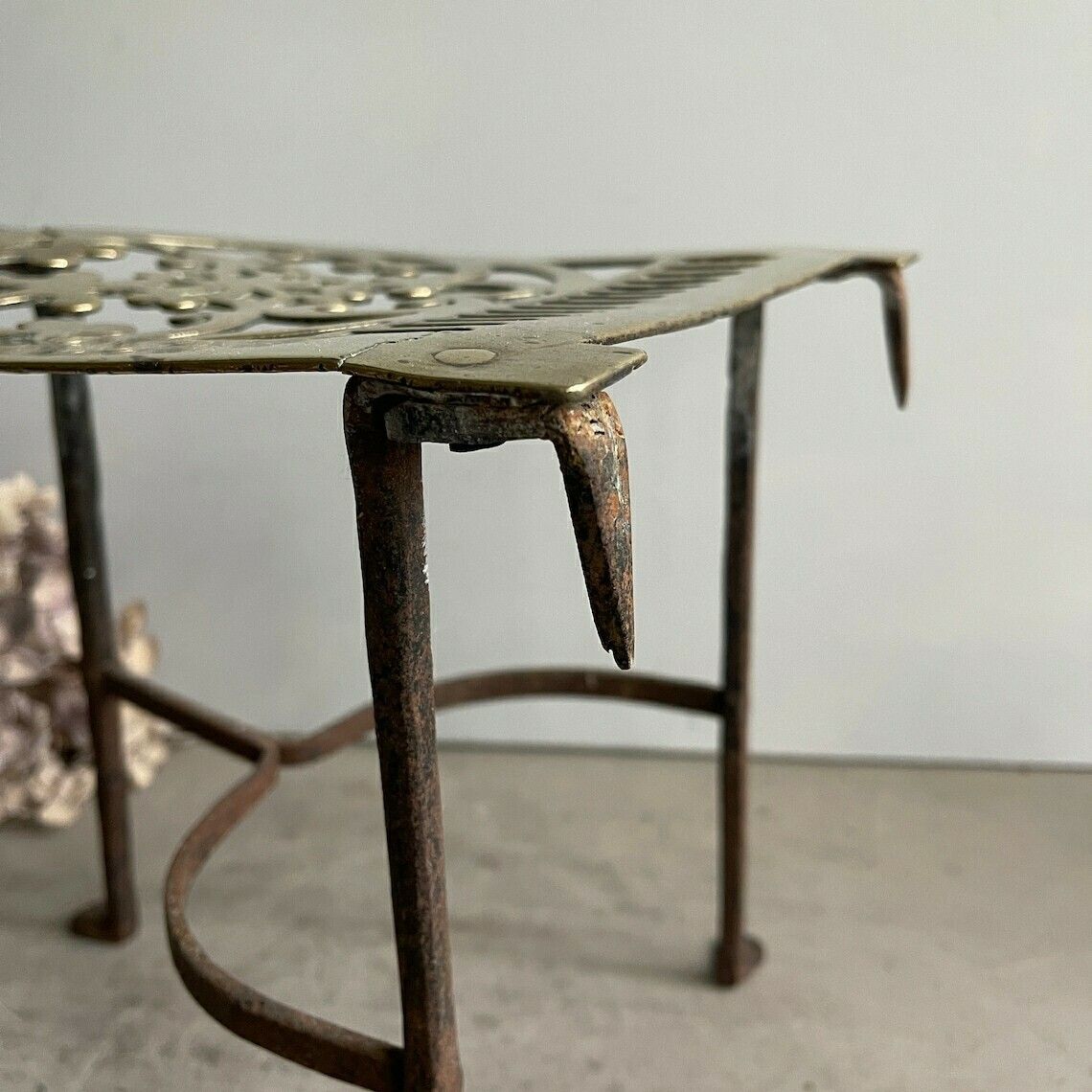 photo for sale Antique English Brass And Iron Fireside Trivet   Decorative Plant Stand   19th Century   Farm House Kitchen