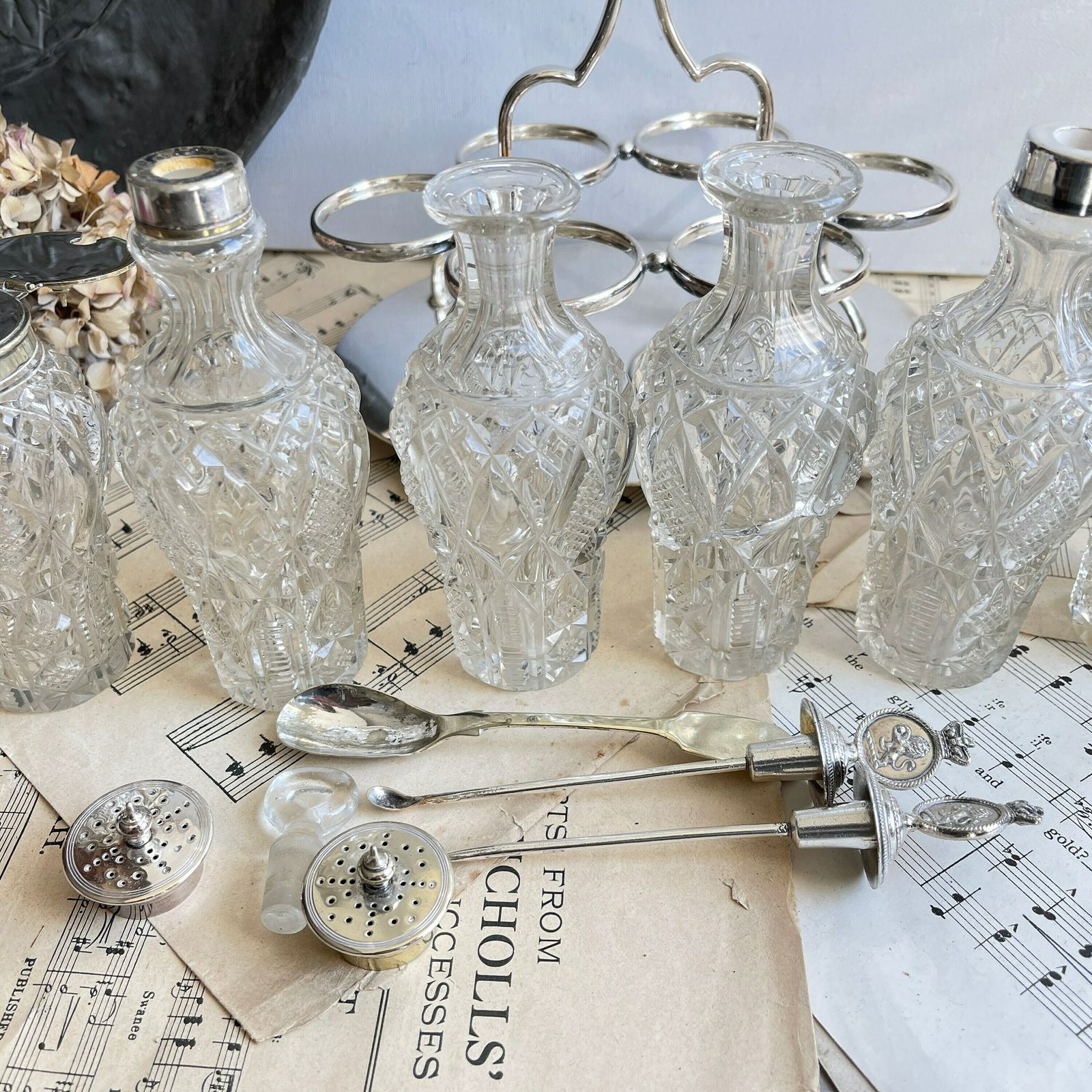 Victorian Silver Plated Cruet Set. 6 Bottle Set. Oil Vinegar Salt Pepper Mustard. Cut Glass Bottles. Downton Abbey photo Home Decor