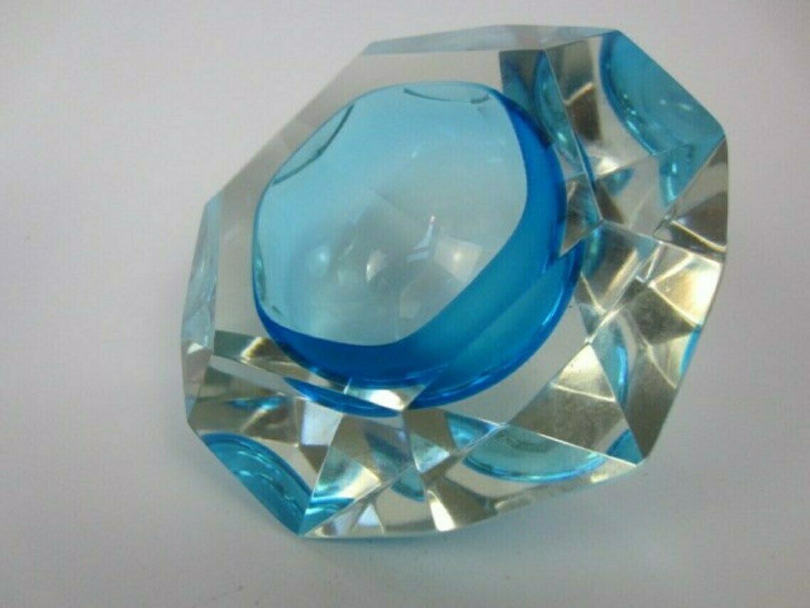 Murano Xxl Light Blue Faceted Sommerso Art Glass Bowl Poli Seguso Era photo furniture