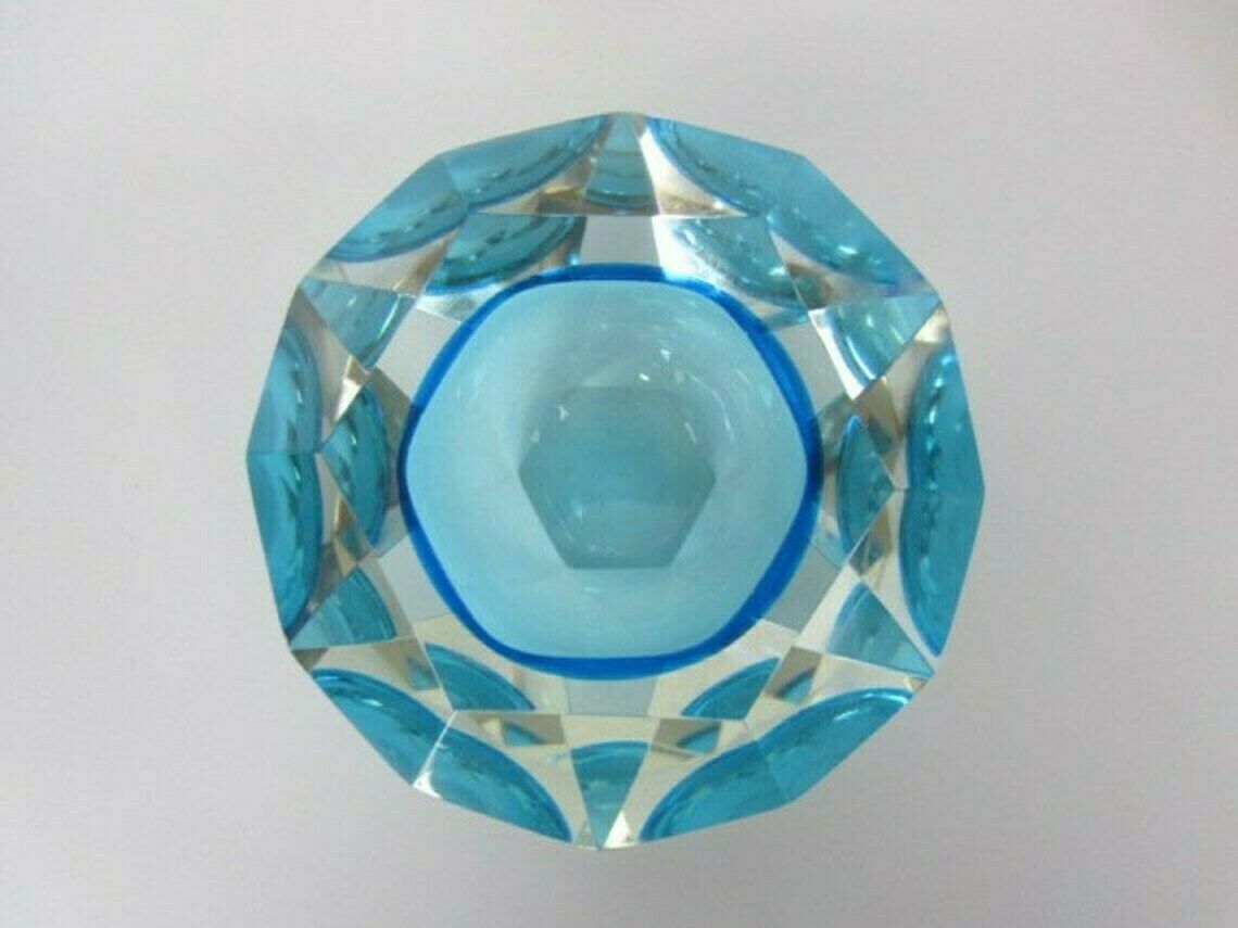 Murano Xxl Light Blue Faceted Sommerso Art Glass Bowl Poli Seguso Era photo vintage