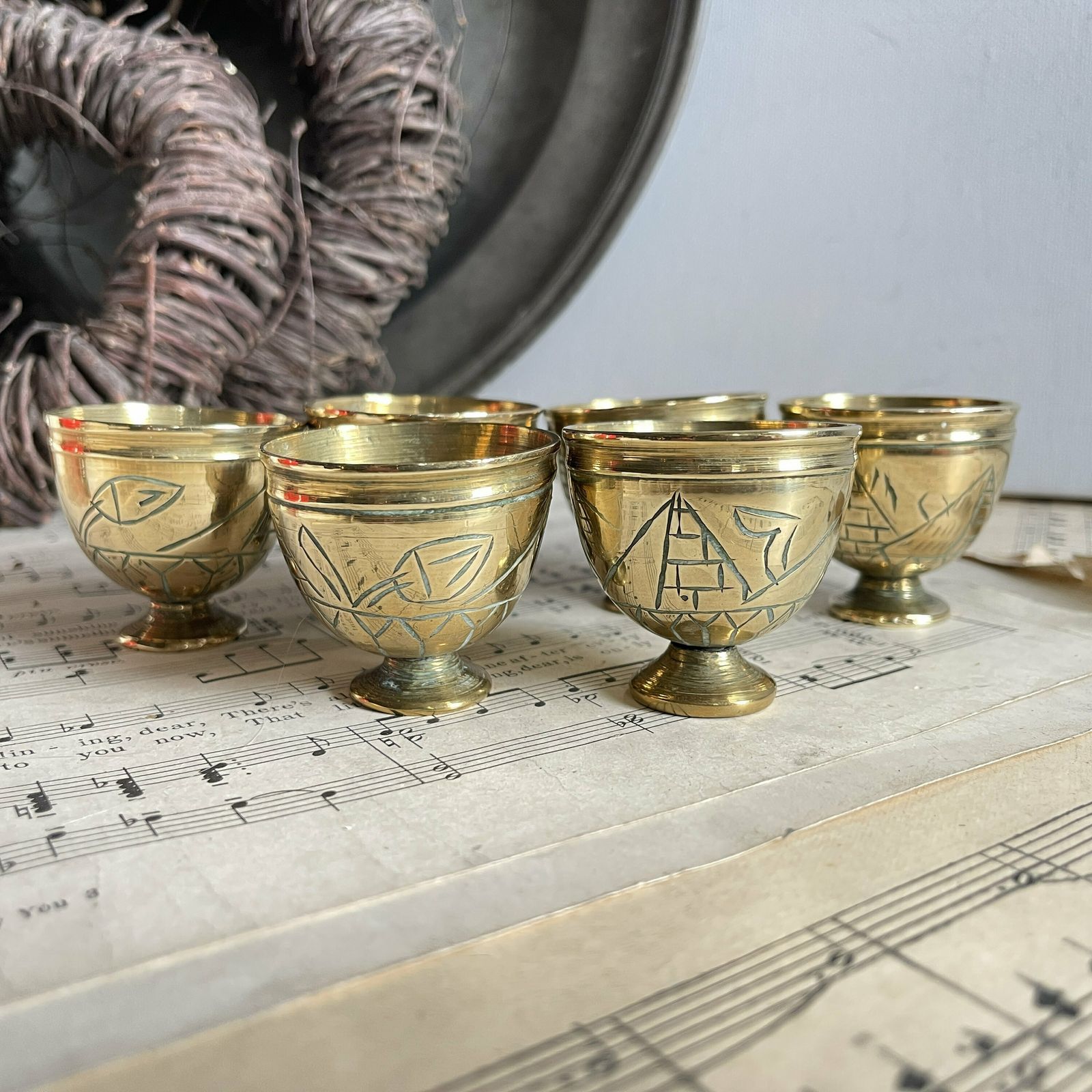 Vintage Set Of 6 Brass Shot Goblets. Etched Chalice. Game Of Thrones. Vintage Drinkware. Drink Photo Props. Chalice