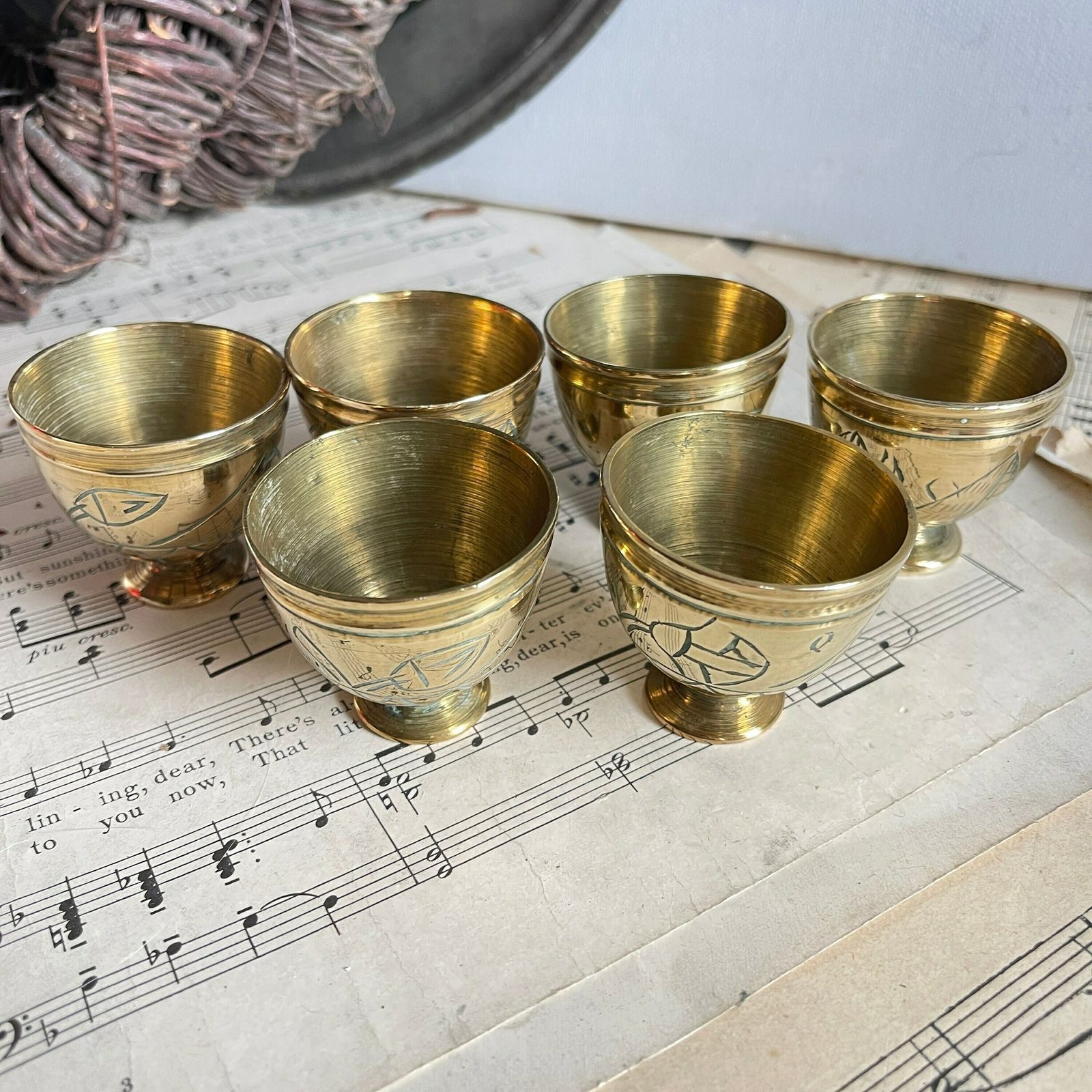 Vintage Set Of 6 Brass Shot Goblets. Etched Chalice. Game Of Thrones. Vintage Drinkware. Drink Photo Props. Chalice photo furniture