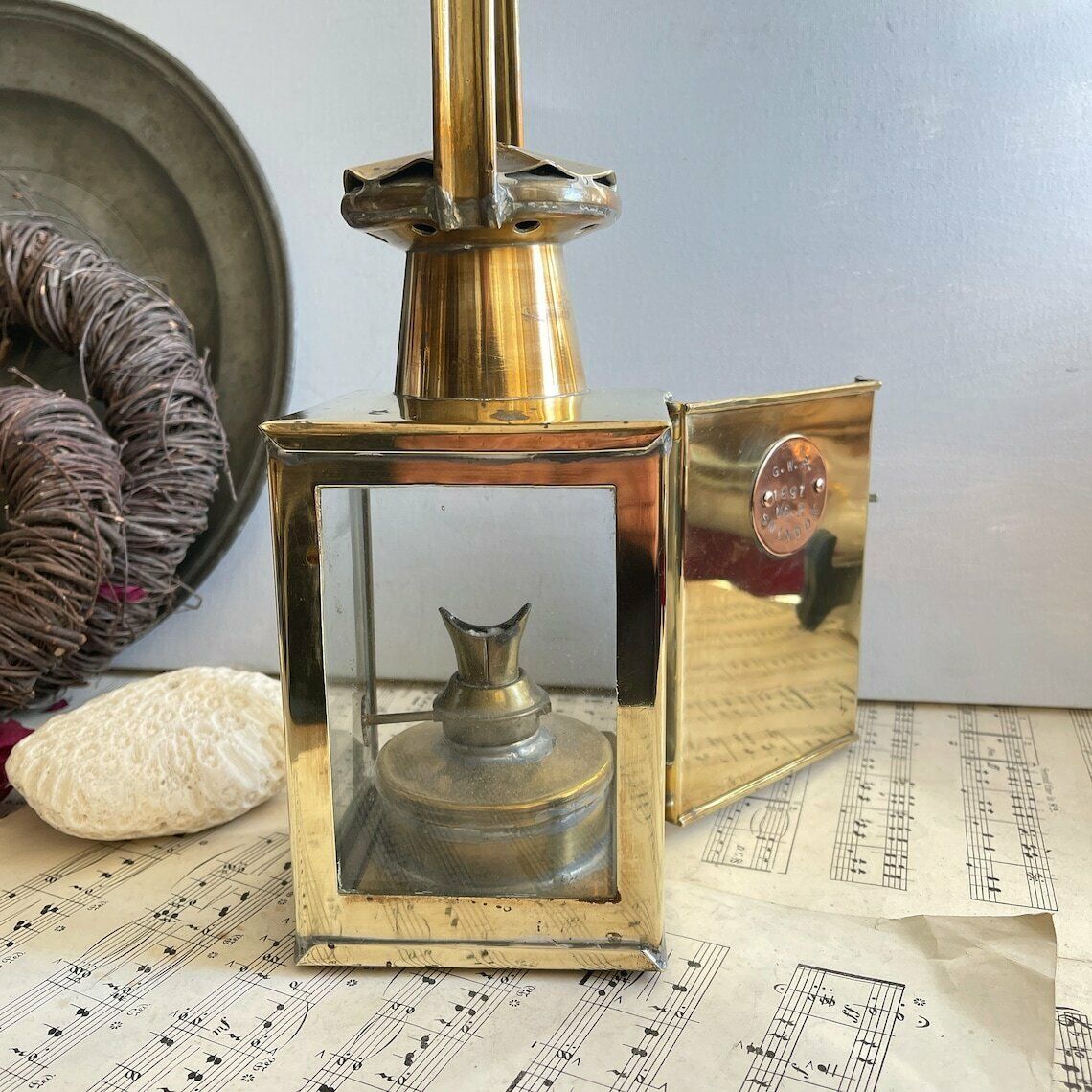 photo for sale Vintage Brass Railway Lamp, Relica Kerosene Storm Lantern, Garden Light