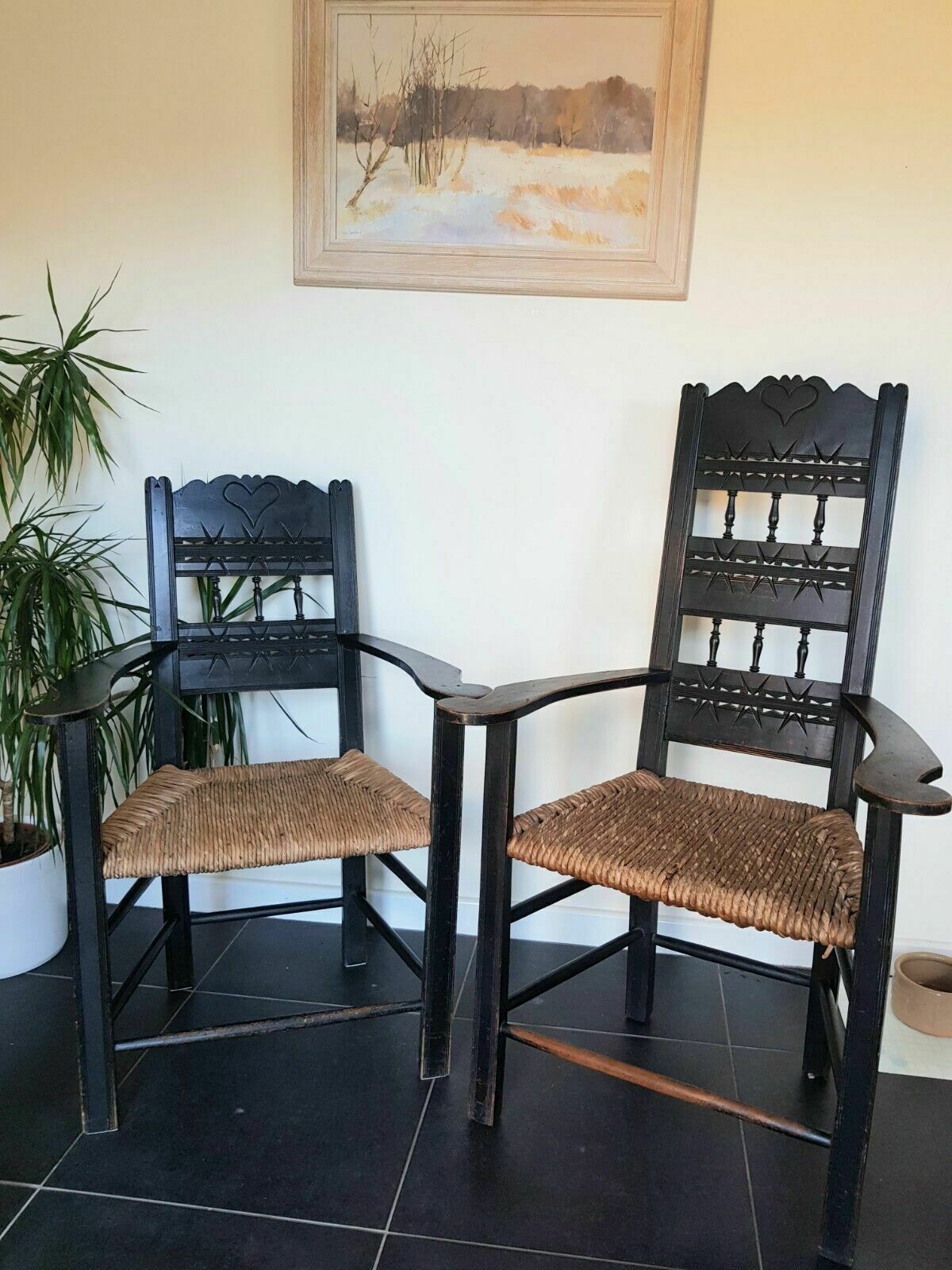 A Superb Pair Of Arts Crafts Ebonised Armchairs photo for sale