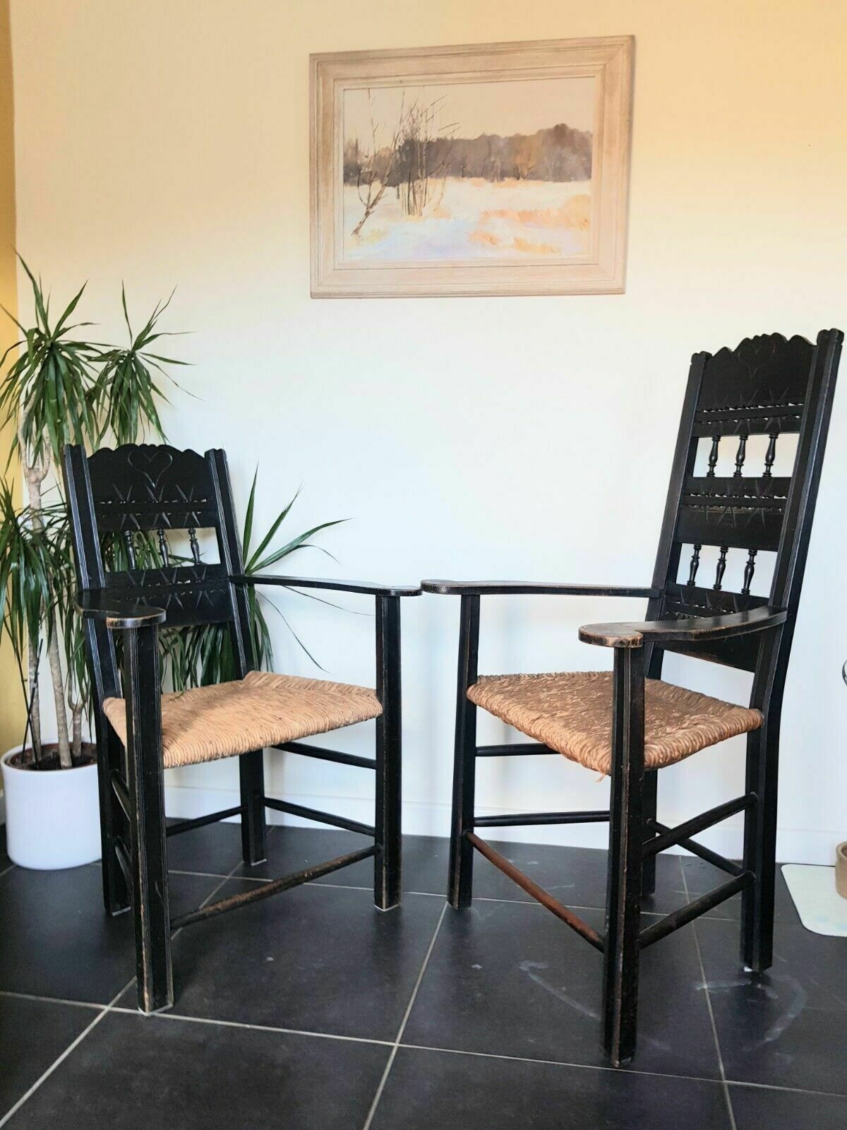 A Superb Pair Of Arts Crafts Ebonised Armchairs photo 695.0