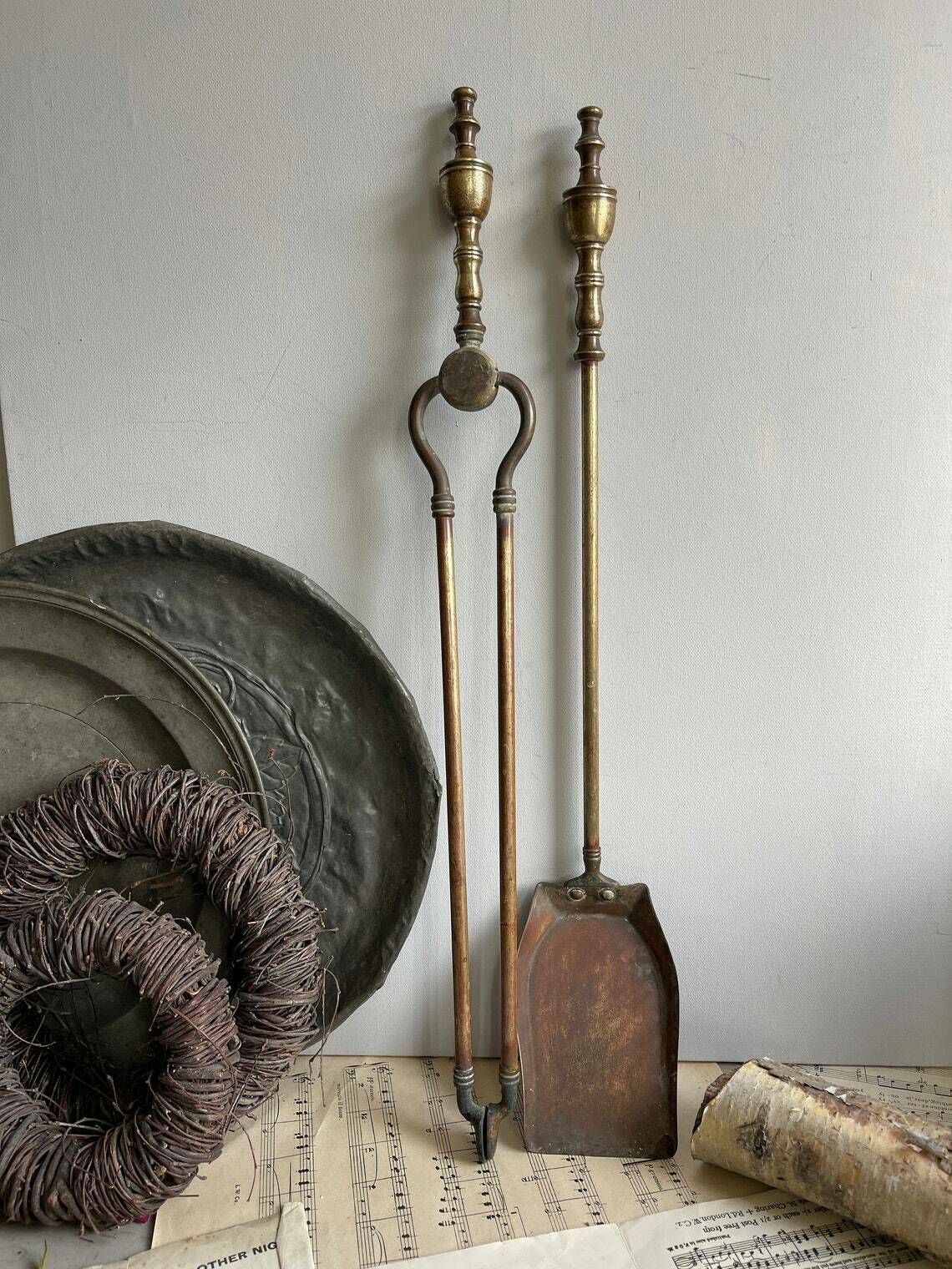 Antique Brass Tongs And Shovel, Fireplace Tools Set, Fire Accessories, Art Nouveau, Home Decor photo for sale