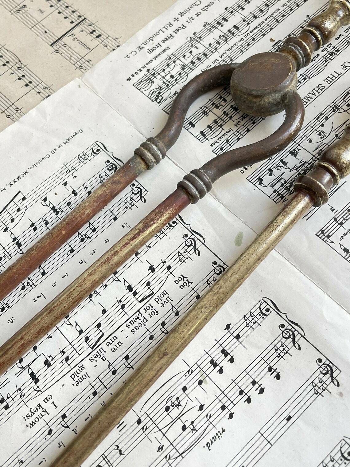 Antique Brass Tongs And Shovel, Fireplace Tools Set, Fire Accessories, Art Nouveau, Home Decor photo buy