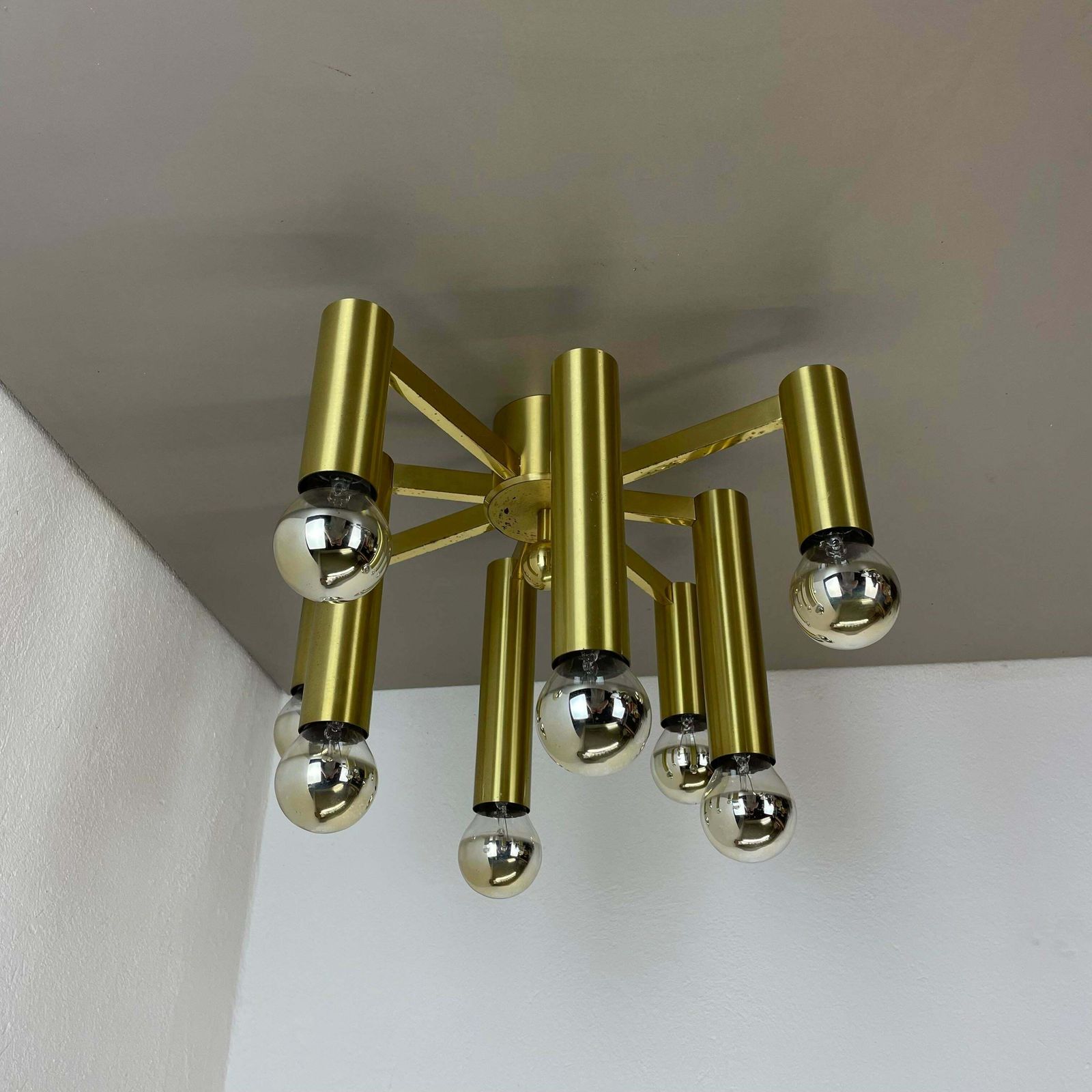 Large Tube Brass 8 Bulb Stilnovo Style Flush Mount Ceiling Light, Italy 1960s photo furniture