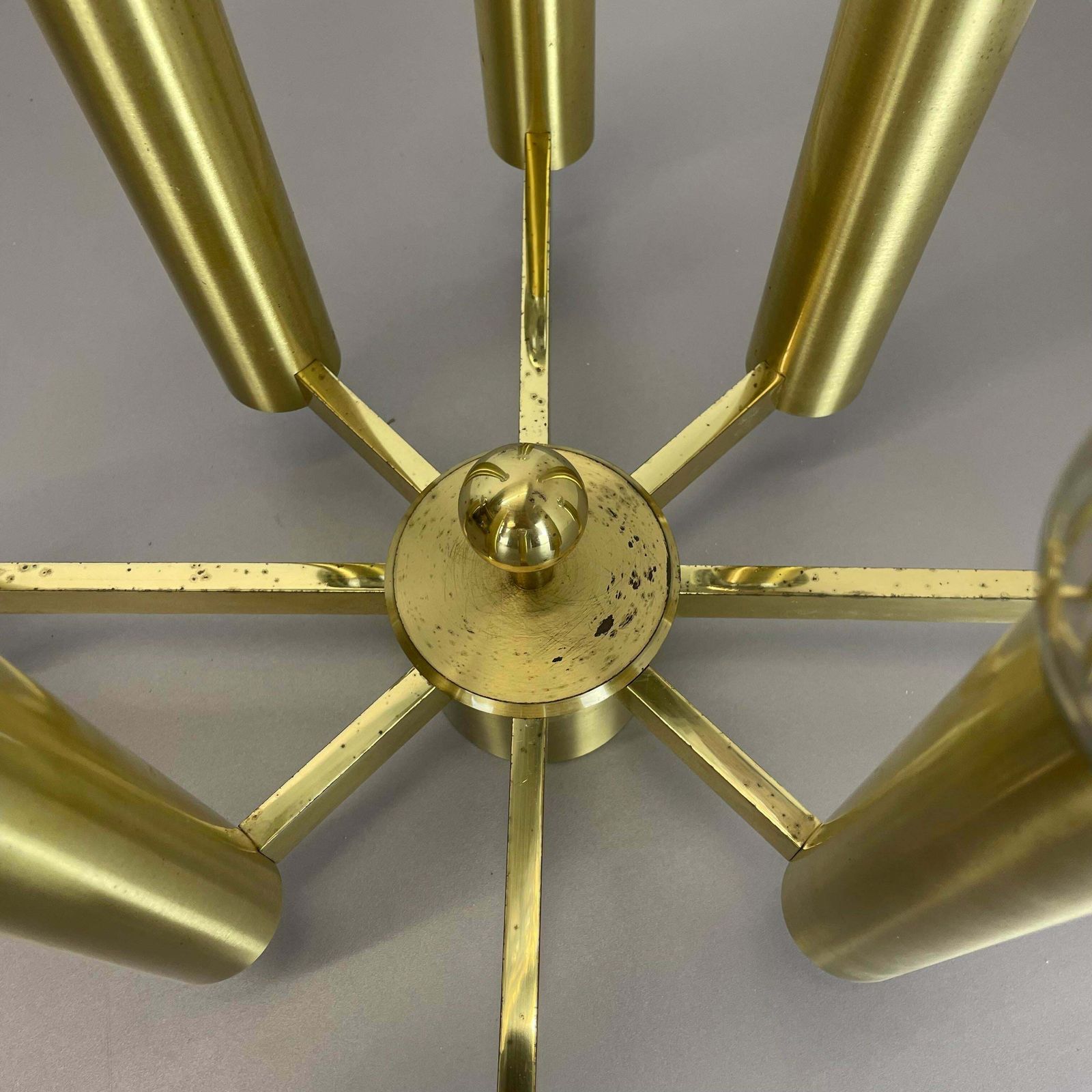 Large Tube Brass 8 Bulb Stilnovo Style Flush Mount Ceiling Light, Italy 1960s photo vintage