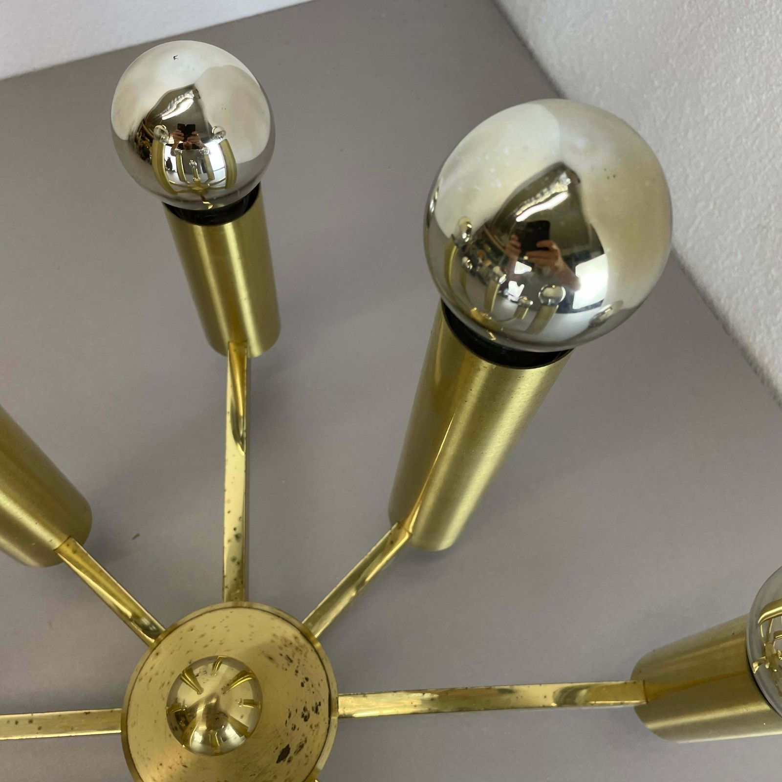 photo for sale Large Tube Brass 8 Bulb Stilnovo Style Flush Mount Ceiling Light, Italy 1960s