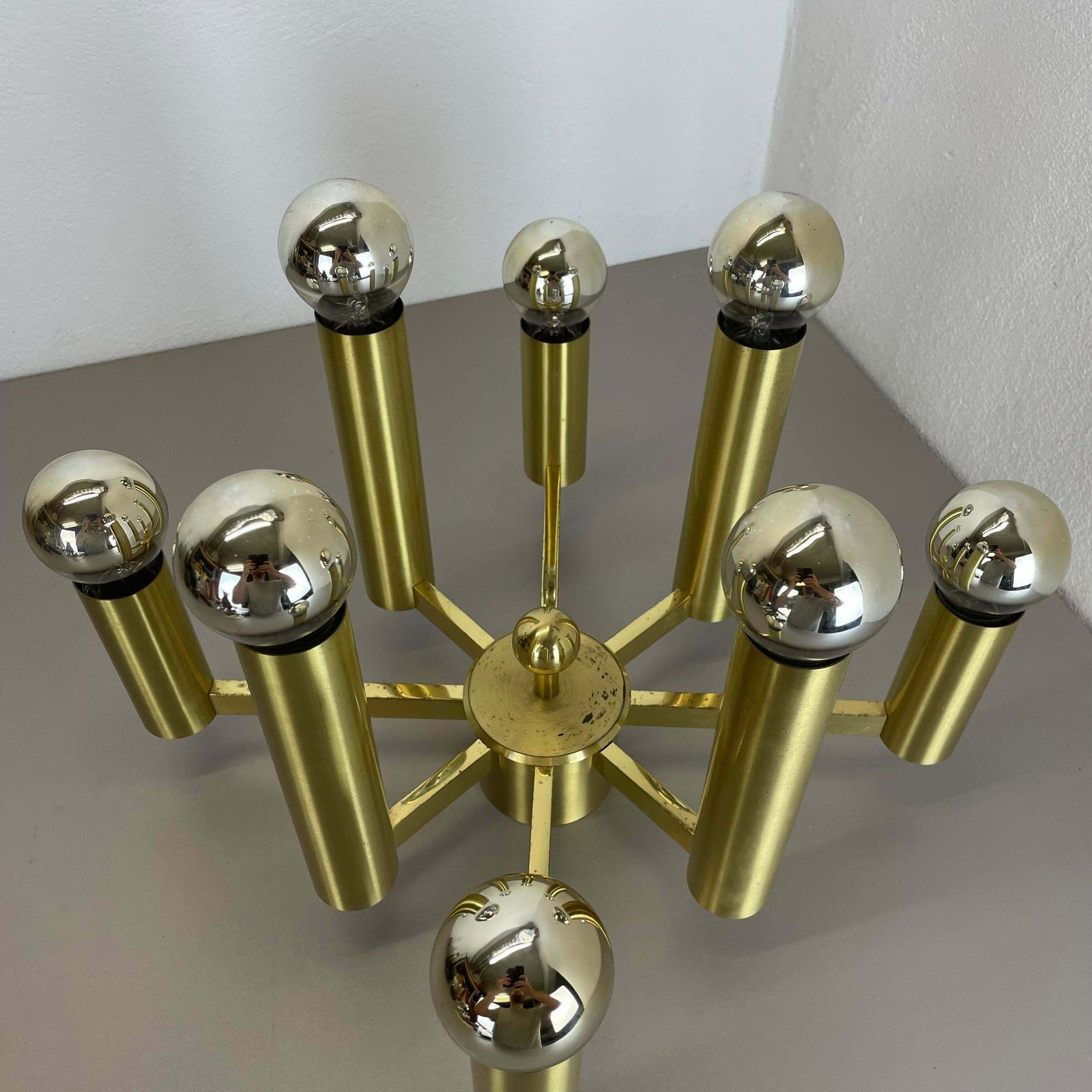 photo buy Large Tube Brass 8 Bulb Stilnovo Style Flush Mount Ceiling Light, Italy 1960s
