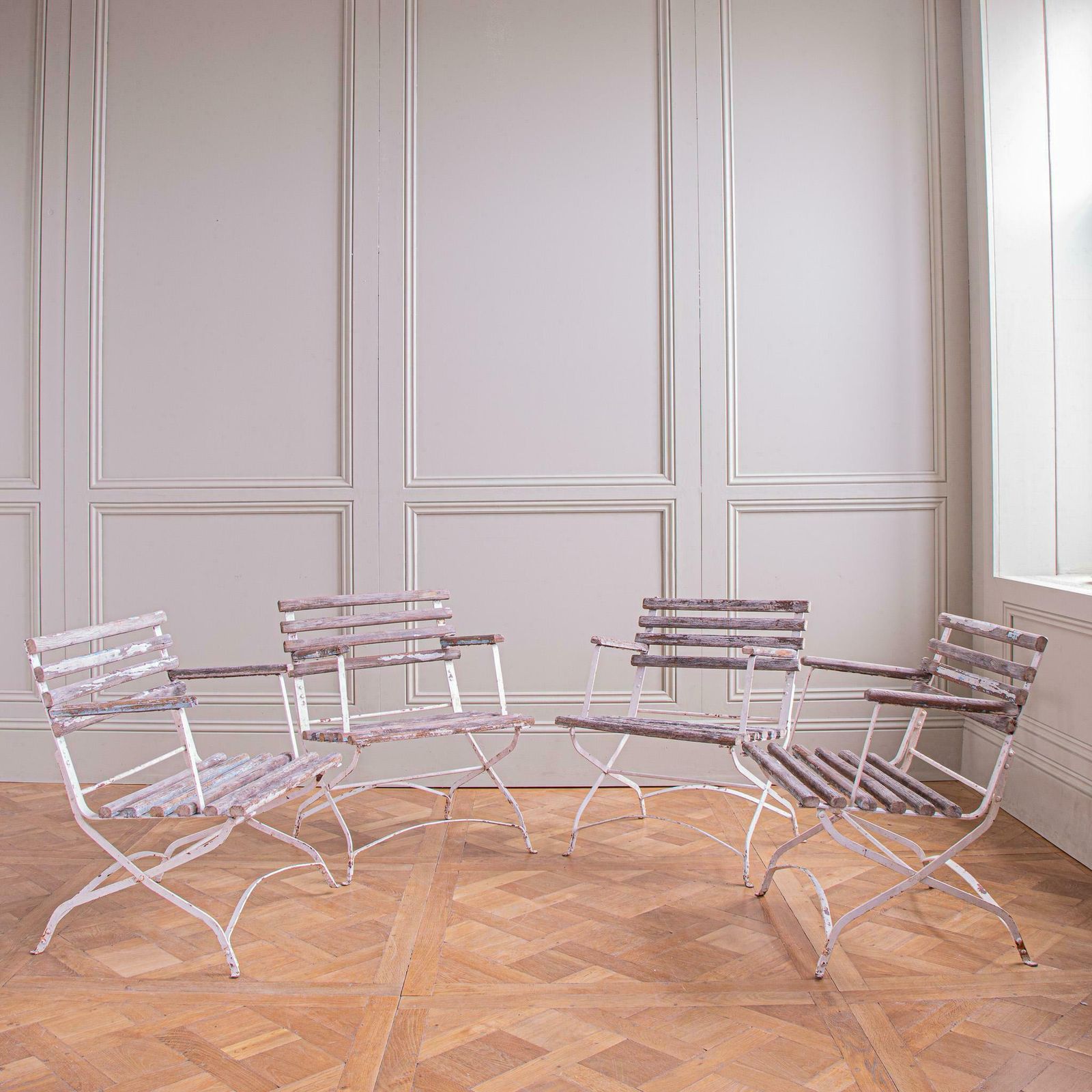 Set Of 4 French Wood Slatted Garden Armchairs With Metal Frame photo vintage