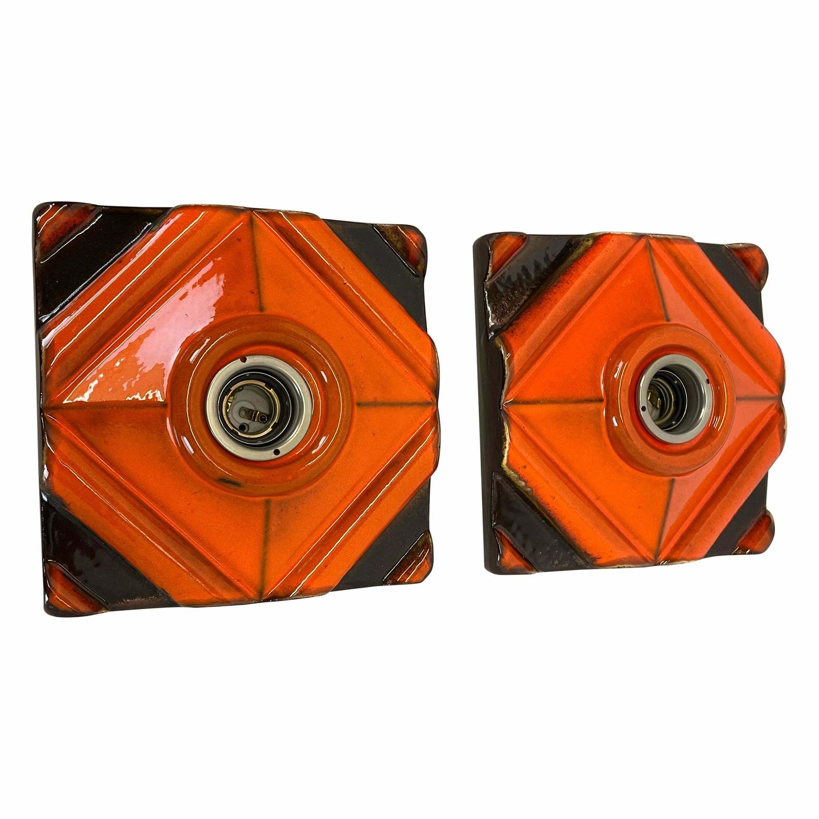 Set Of Two Brown Orange Ceramic Fat Lava Wall Lights Pan Ceramics, Germany 1970
