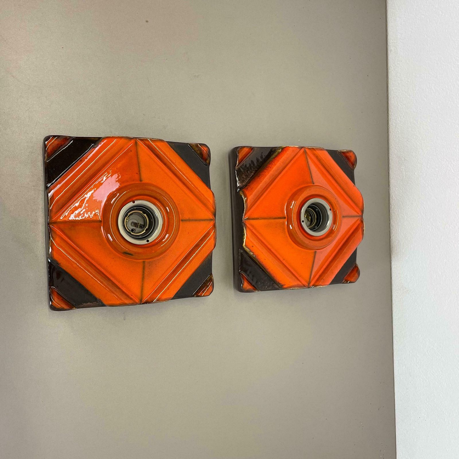 Set Of Two Brown Orange Ceramic Fat Lava Wall Lights Pan Ceramics, Germany 1970 photo furniture