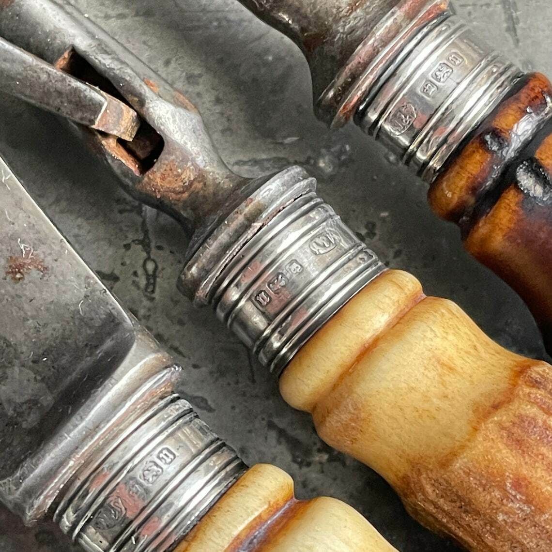 Antique Antler Handled Carving Set. Silver Ferrules. Antique Flatware. Maleham And Yeomans. Carving Fork. Hunting Lodge. Country Lodge photo Home Decor