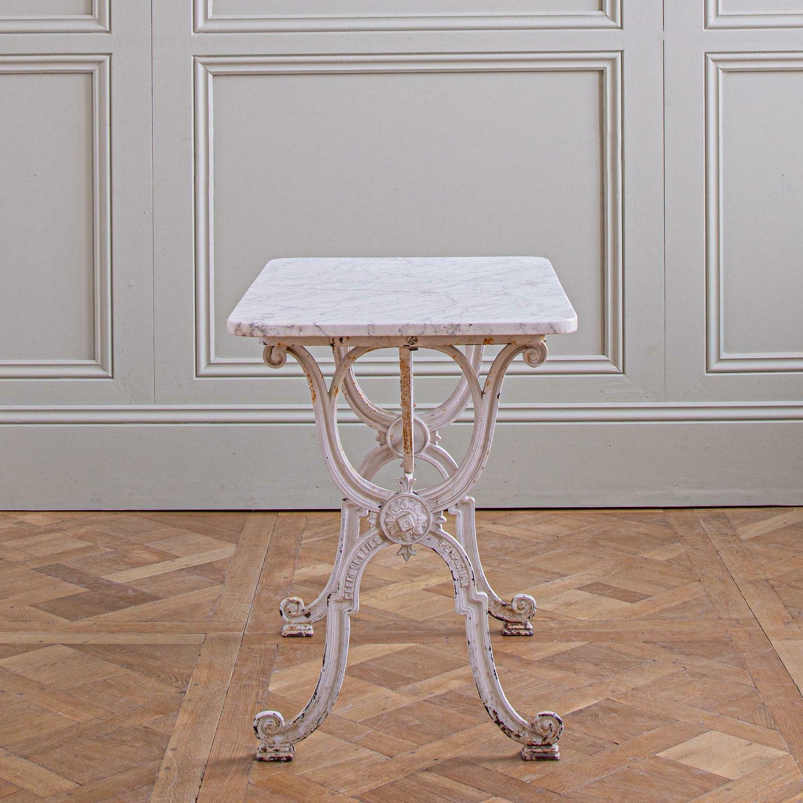 French Antique Iron & Marble Bistro / Garden Table In White By Clermont Fils photo vintage