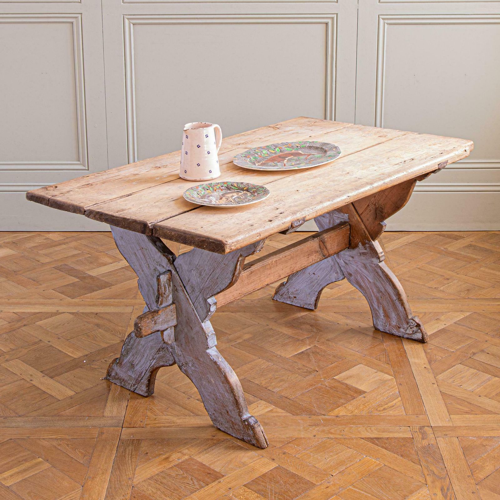 Antique Rustic Swedish Farm House Table With Chalk Blue Patina Circa 1860 photo 4780.0