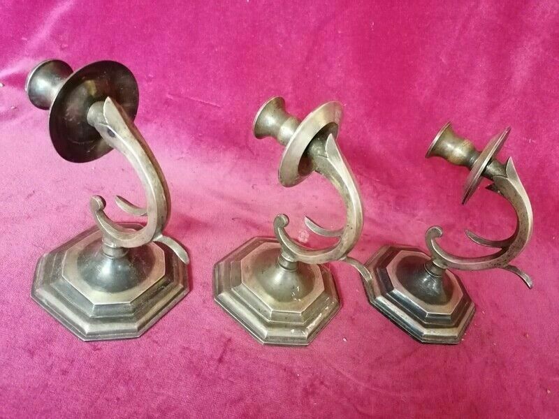 Set Of 3 Old Brass Pewter Wall Candle Holder