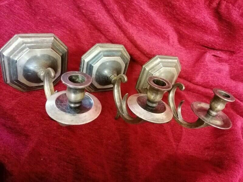 Set Of 3 Old Brass Pewter Wall Candle Holder photo for sale