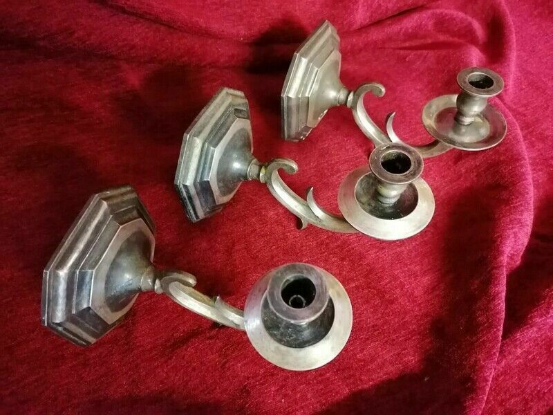 Set Of 3 Old Brass Pewter Wall Candle Holder photo Home Decor