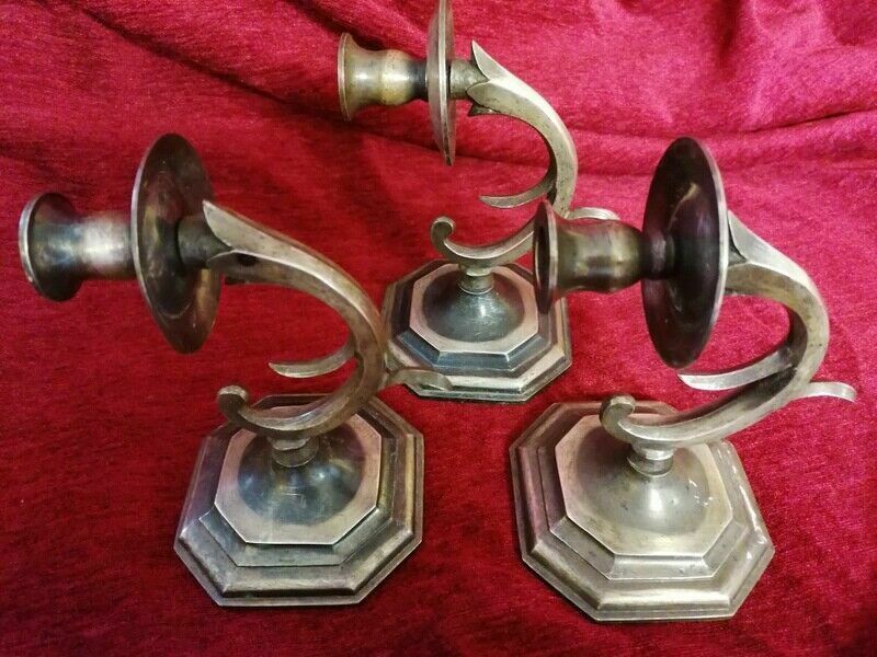 Set Of 3 Old Brass Pewter Wall Candle Holder photo 117.0