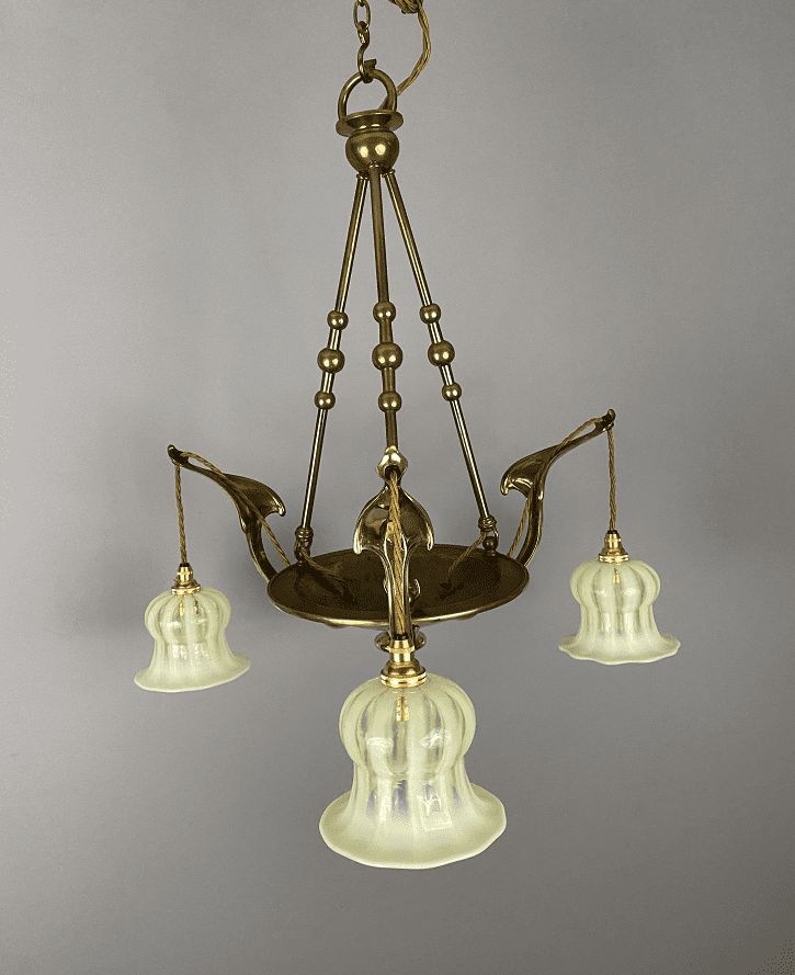 Art Nouveau Brass Chandelier With Vaseline Glass Shades photo Lighting