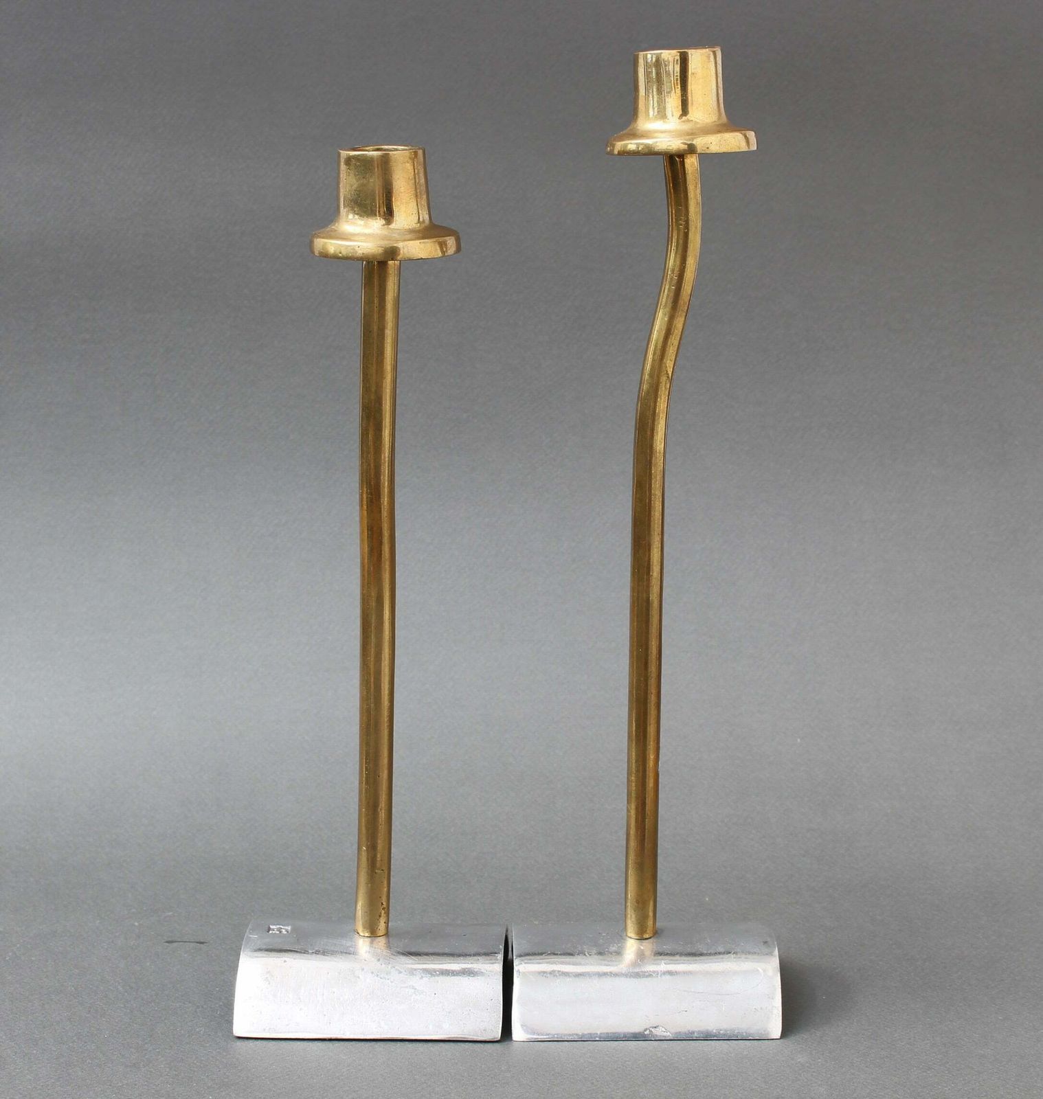 Pair Of Brutalist Aluminium And Brass Candlesticks By David Marshall (Circa 1980s) photo for sale