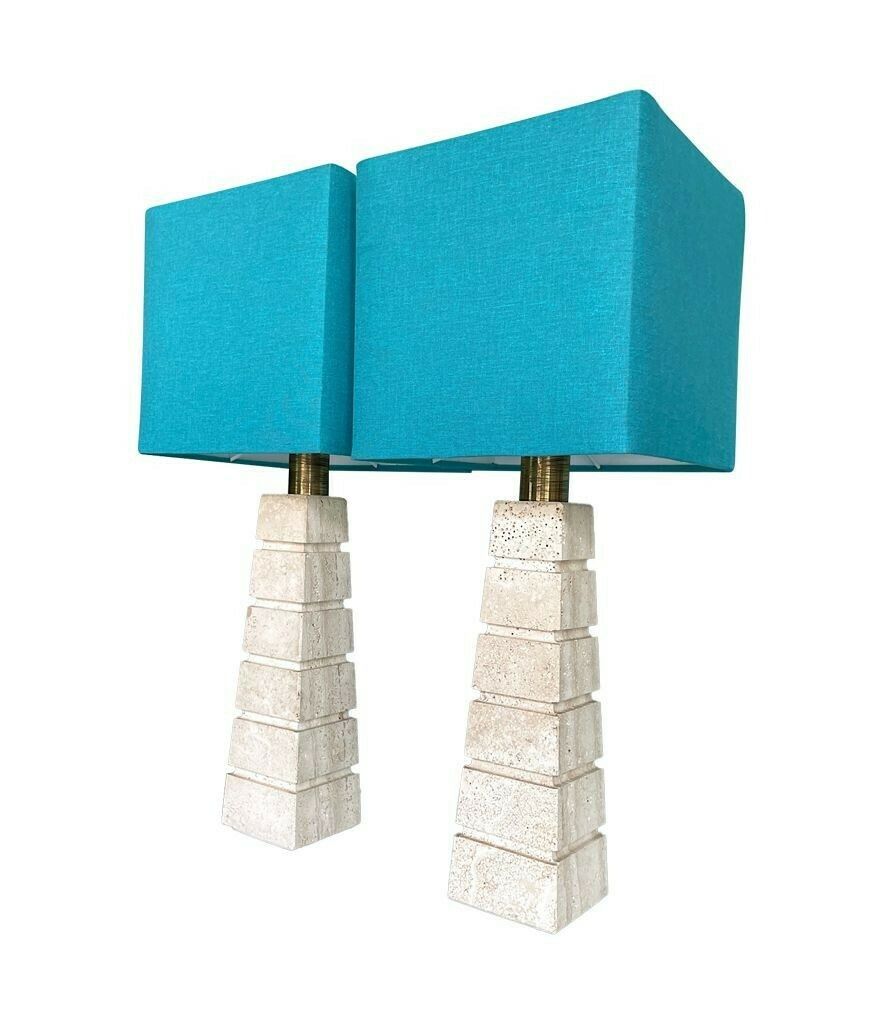 A Pair Of Large 1970s Italian Travertine Lamps With Brass Fittings And New Bespoke Shades photo buy