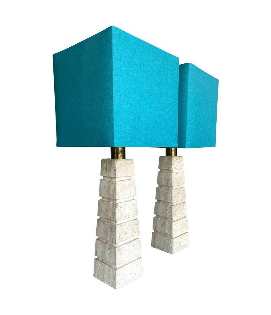 photo for sale A Pair Of Large 1970s Italian Travertine Lamps With Brass Fittings And New Bespoke Shades