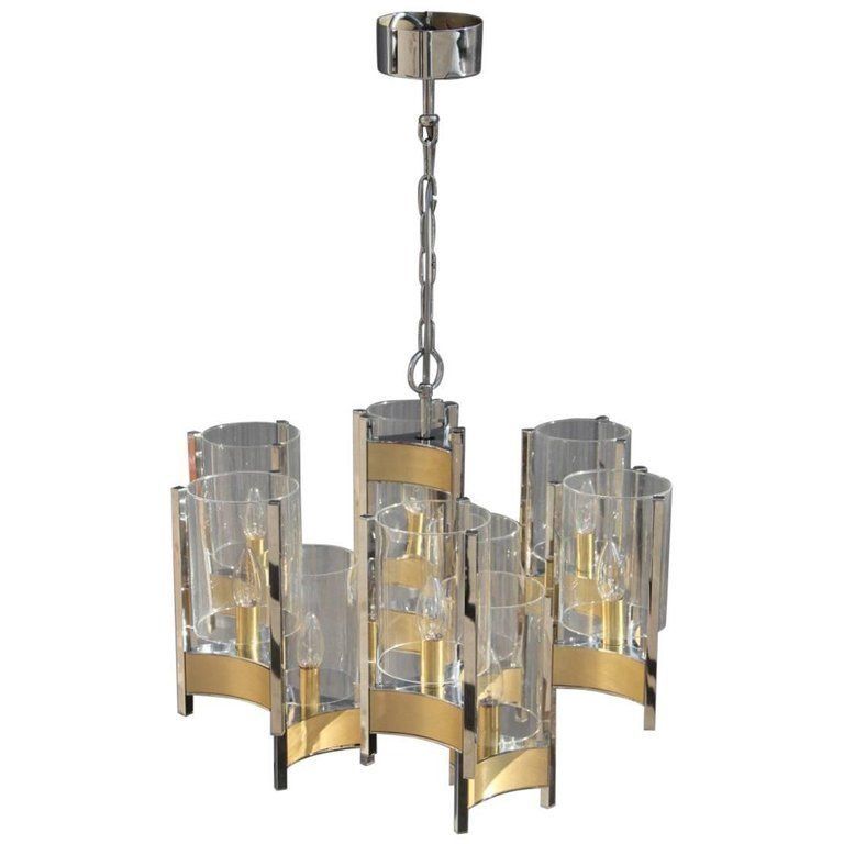 Sciolari Minimal Sculptural Chandelier Brass And Glass Italian Design