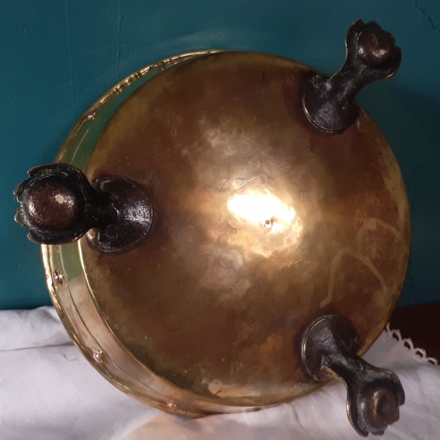 photo for sale Antique Brass And Copper Riveted Jardiniere With Lion Paw Feet   Plant Stand