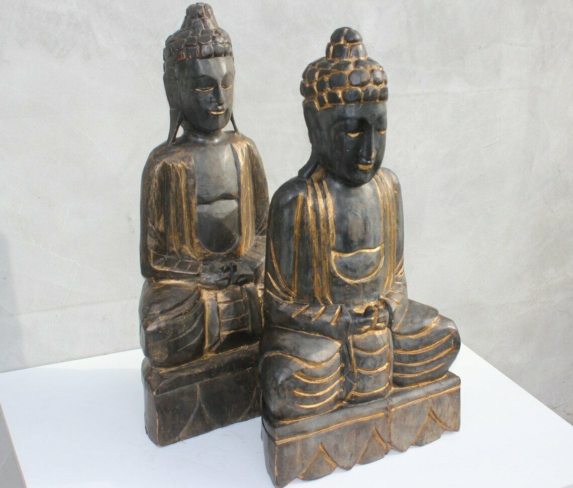 Two Wooden Buddha Statues, A Pair Meditating Hand Carved Buddha Statuettes, Thai photo furniture