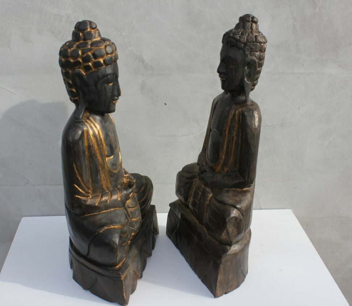 Two Wooden Buddha Statues, A Pair Meditating Hand Carved Buddha Statuettes, Thai photo 401.0