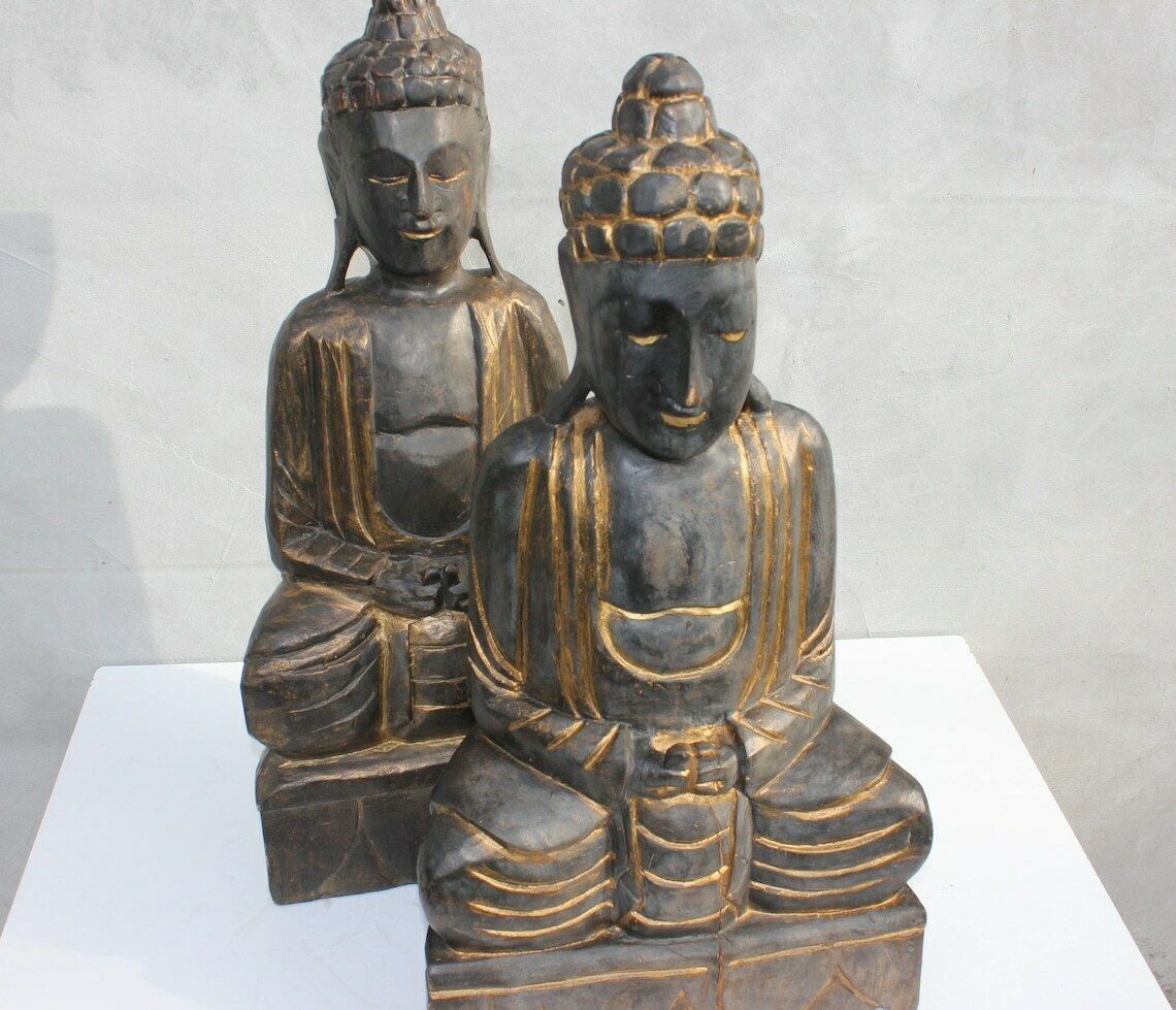Two Wooden Buddha Statues, A Pair Meditating Hand Carved Buddha Statuettes, Thai photo vintage