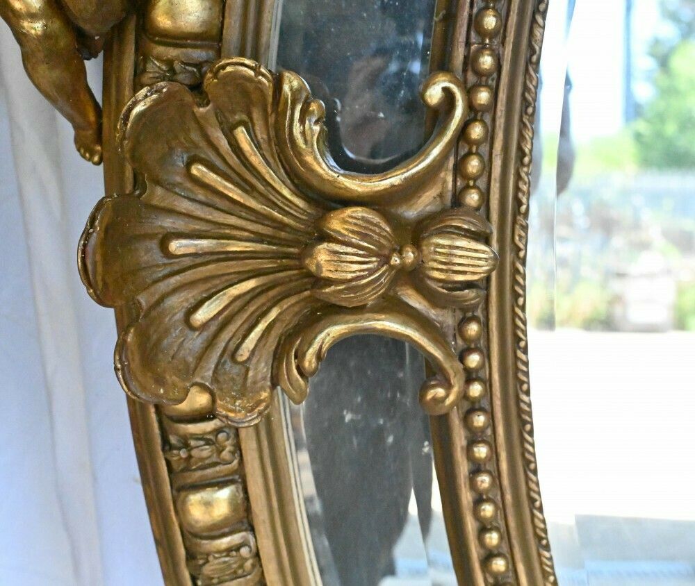 Large French Gilt Mirror Oval Cherub Frame Louis XVI photo vintage