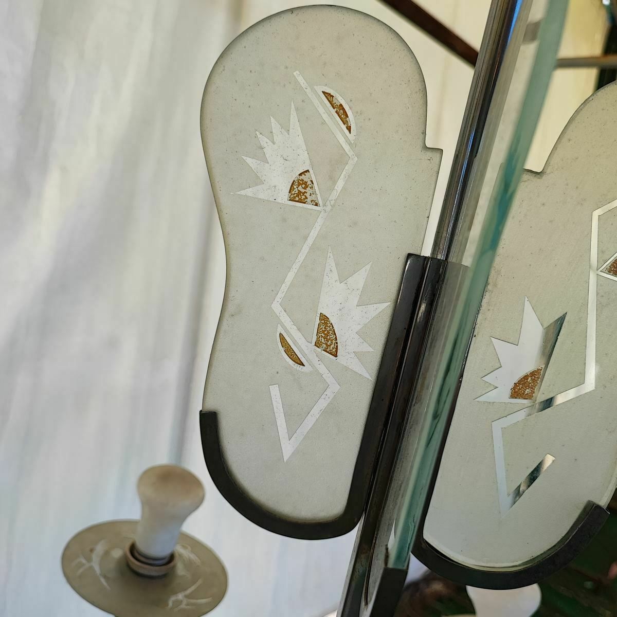 70s Chandelier With Silk Screened Glass Details photo vintage