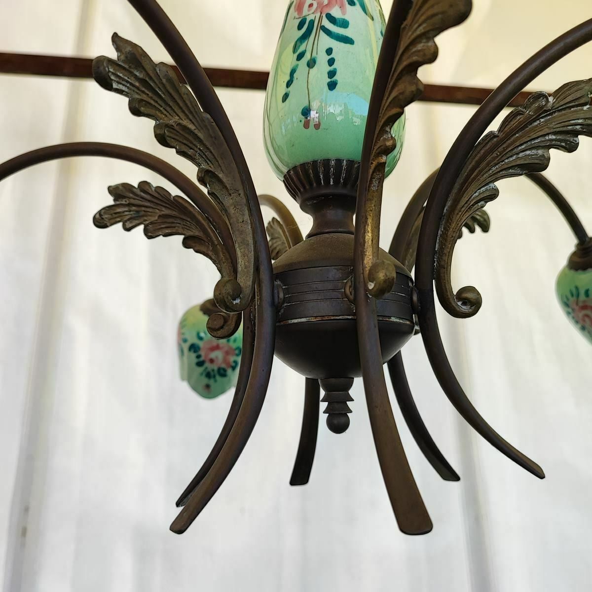 1950s 60s Chandelier In Hand Painted Ceramic And Metal photo Lighting